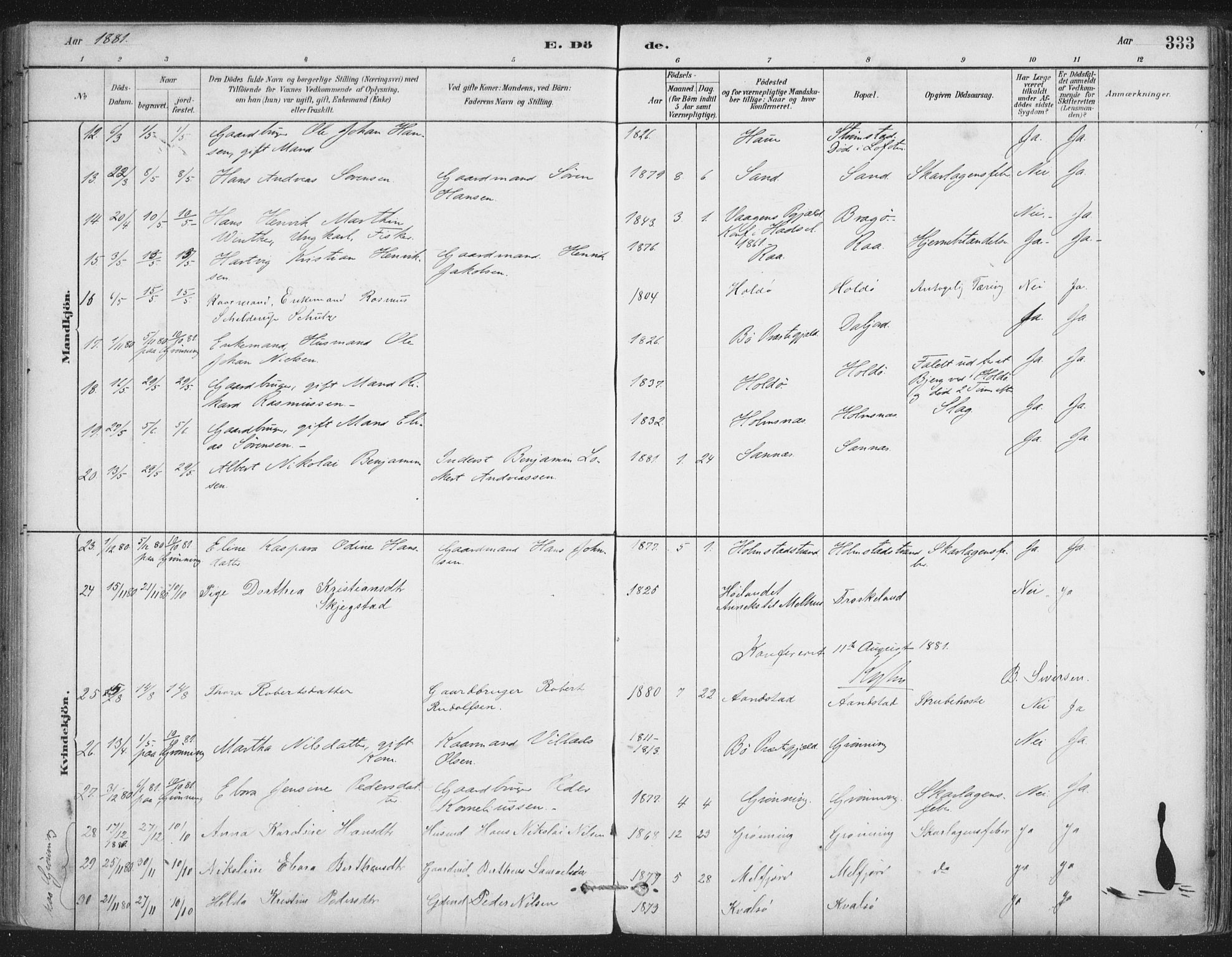 Ministerialprotokoller, klokkerbøker og fødselsregistre - Nordland, AV/SAT-A-1459/888/L1244: Parish register (official) no. 888A10, 1880-1890, p. 333