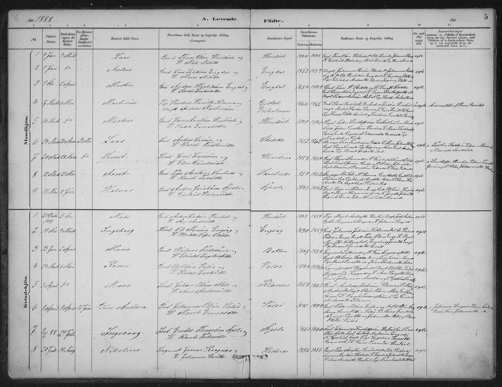 Ministerialprotokoller, klokkerbøker og fødselsregistre - Møre og Romsdal, SAT/A-1454/580/L0925: Parish register (official) no. 580A02, 1888-1913, p. 5