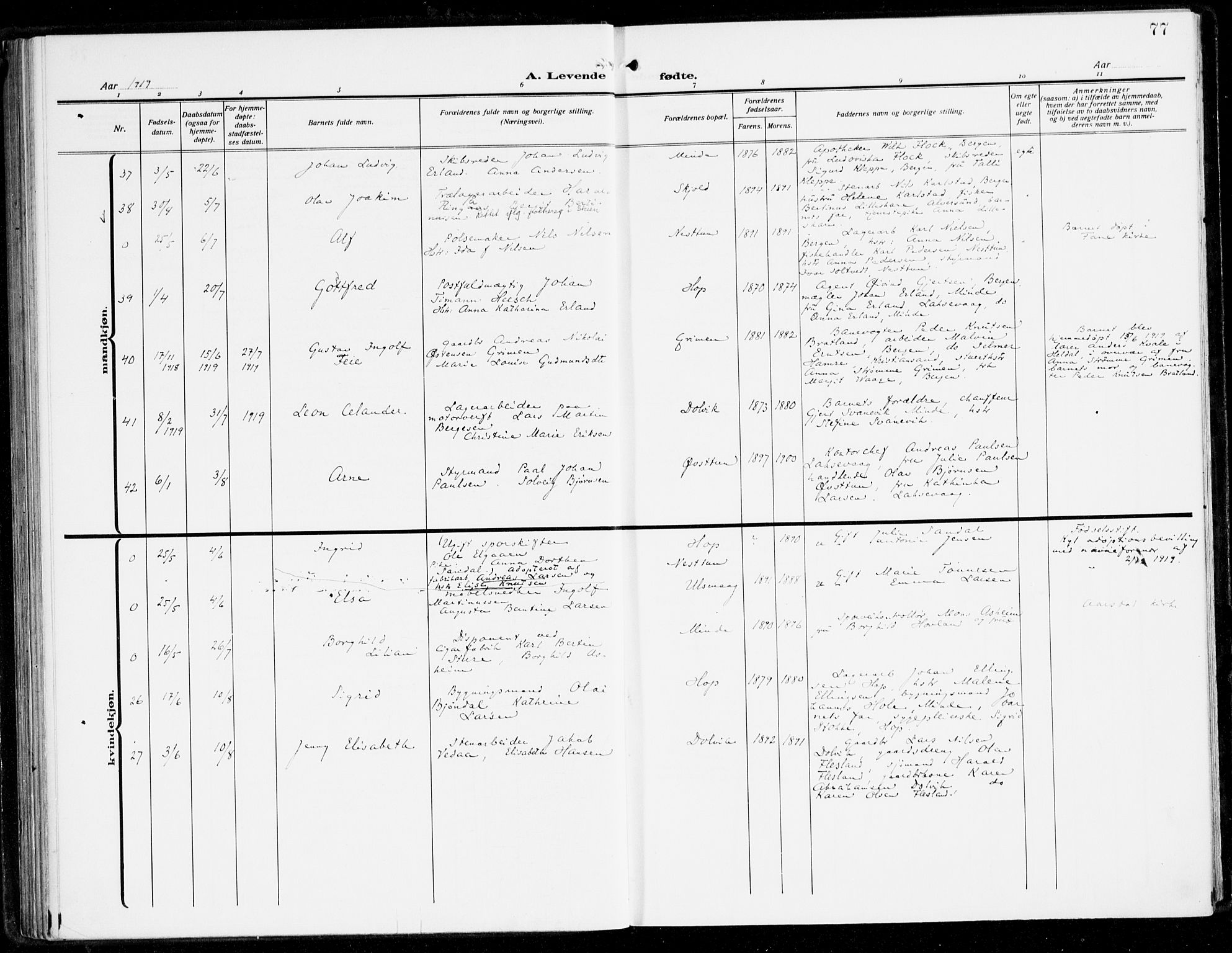 Fana Sokneprestembete, AV/SAB-A-75101/H/Haa/Haai/L0004: Parish register (official) no. I 4, 1912-1933, p. 77