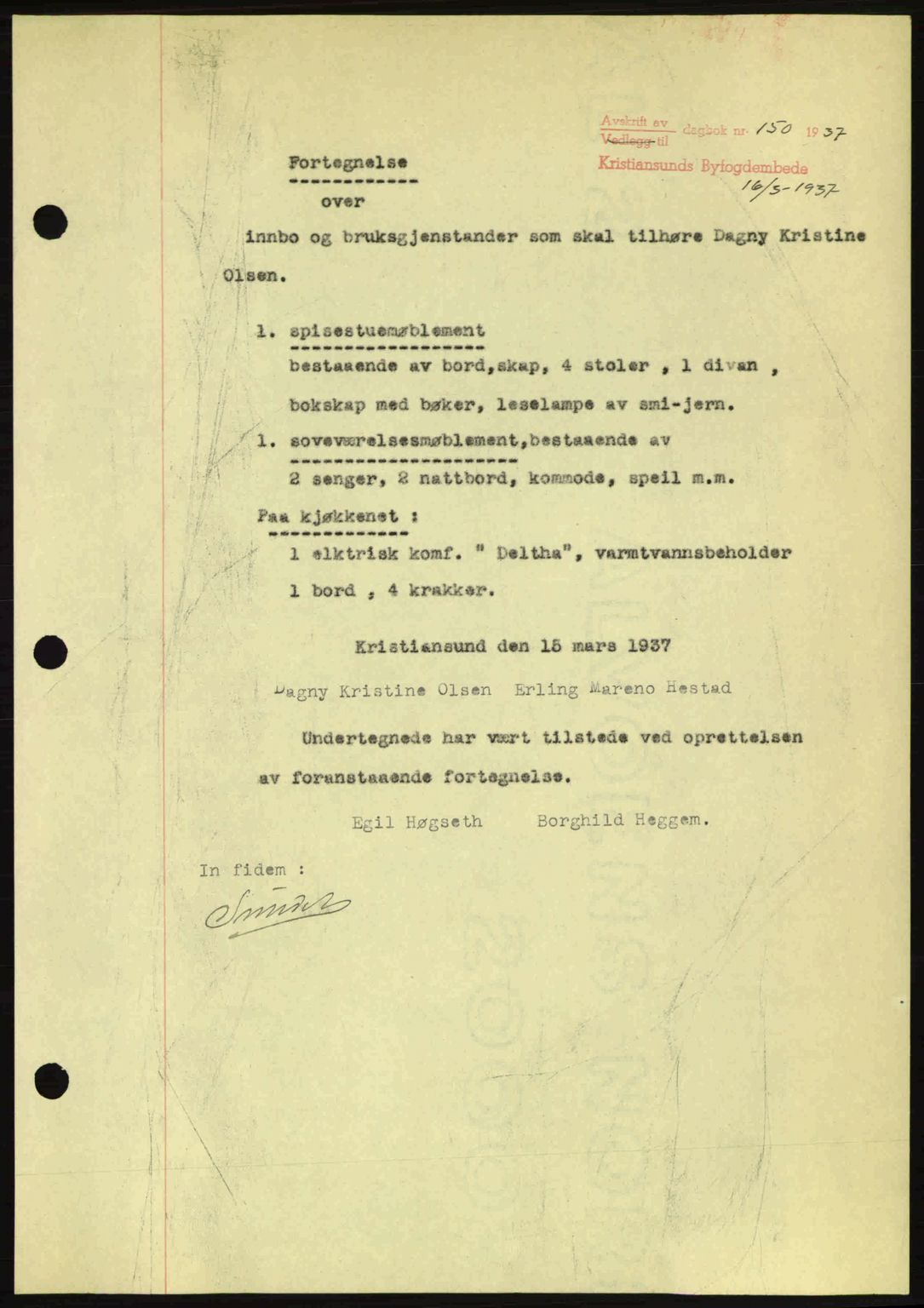 Kristiansund byfogd, AV/SAT-A-4587/A/27: Mortgage book no. 29, 1936-1937, Diary no: : 150/1937