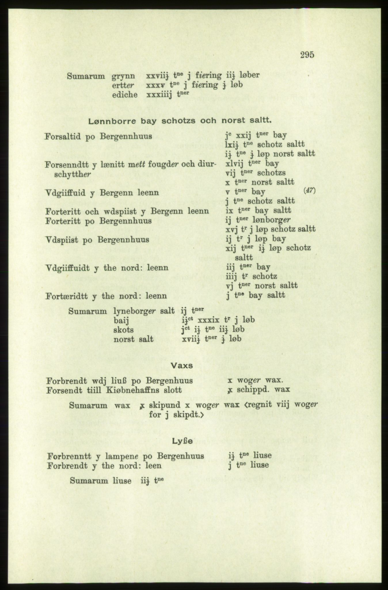 Publikasjoner utgitt av Arkivverket, PUBL/PUBL-001/C/0005: Bind 5: Rekneskap for Bergenhus len 1566-1567: B. Utgift C. Dei nordlandske lena og Finnmark D. Ekstrakt, 1566-1567, p. 295