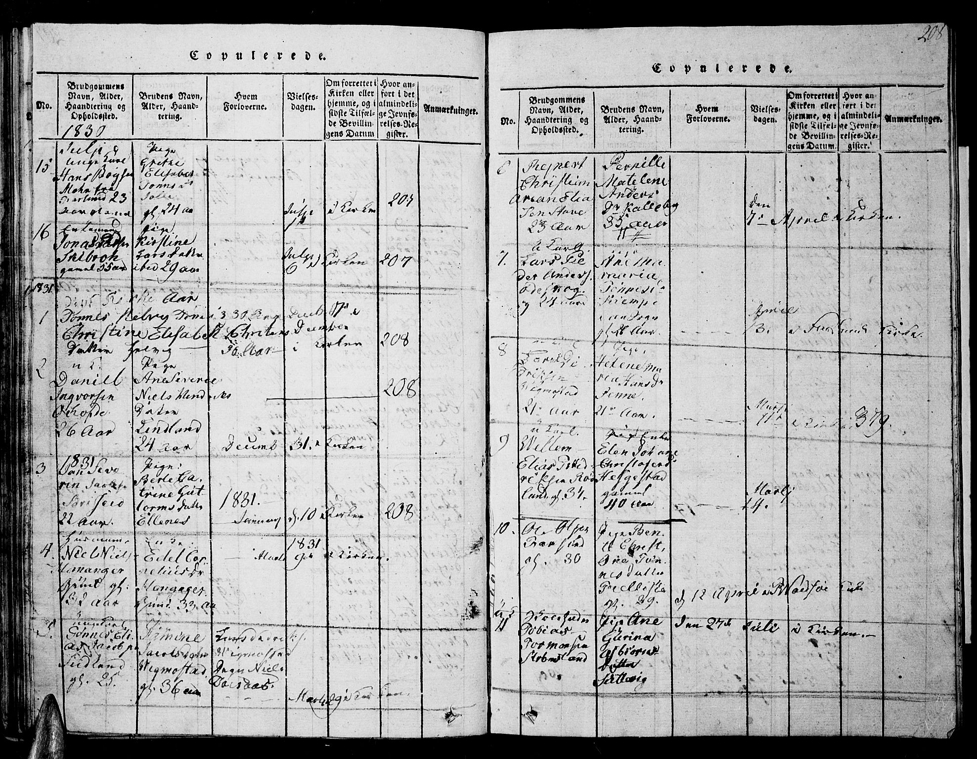 Lista sokneprestkontor, SAK/1111-0027/F/Fb/L0001: Parish register (copy) no. B 1, 1816-1832, p. 208