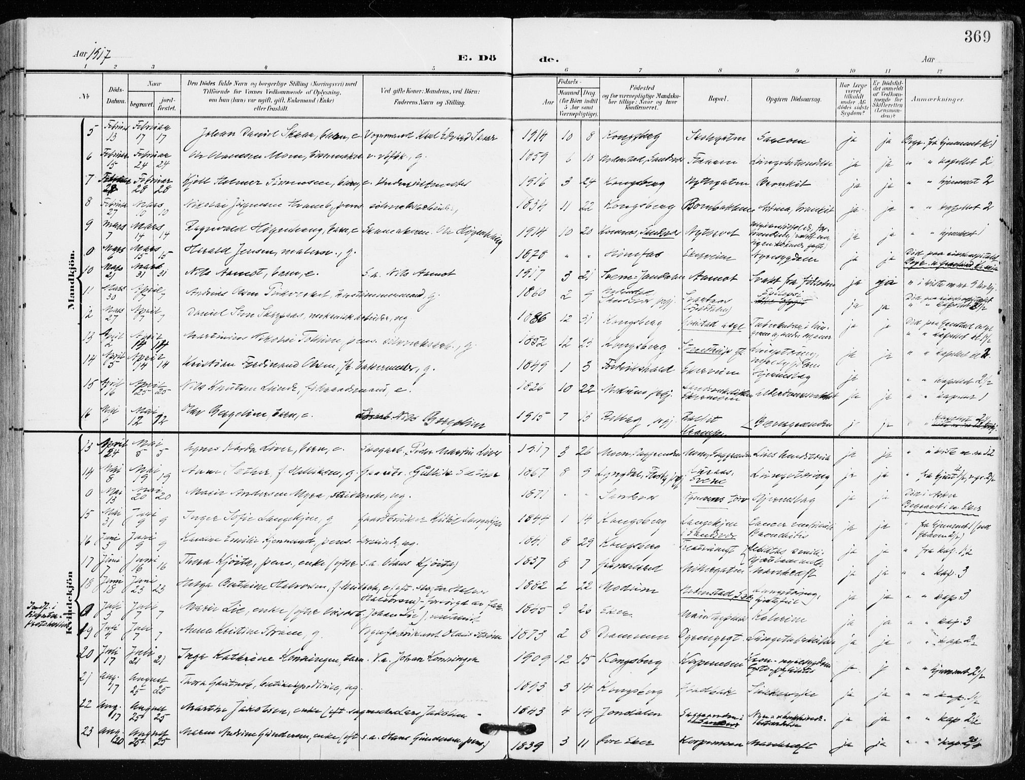 Kongsberg kirkebøker, AV/SAKO-A-22/F/Fb/L0004: Parish register (official) no. II 4, 1906-1918, p. 369