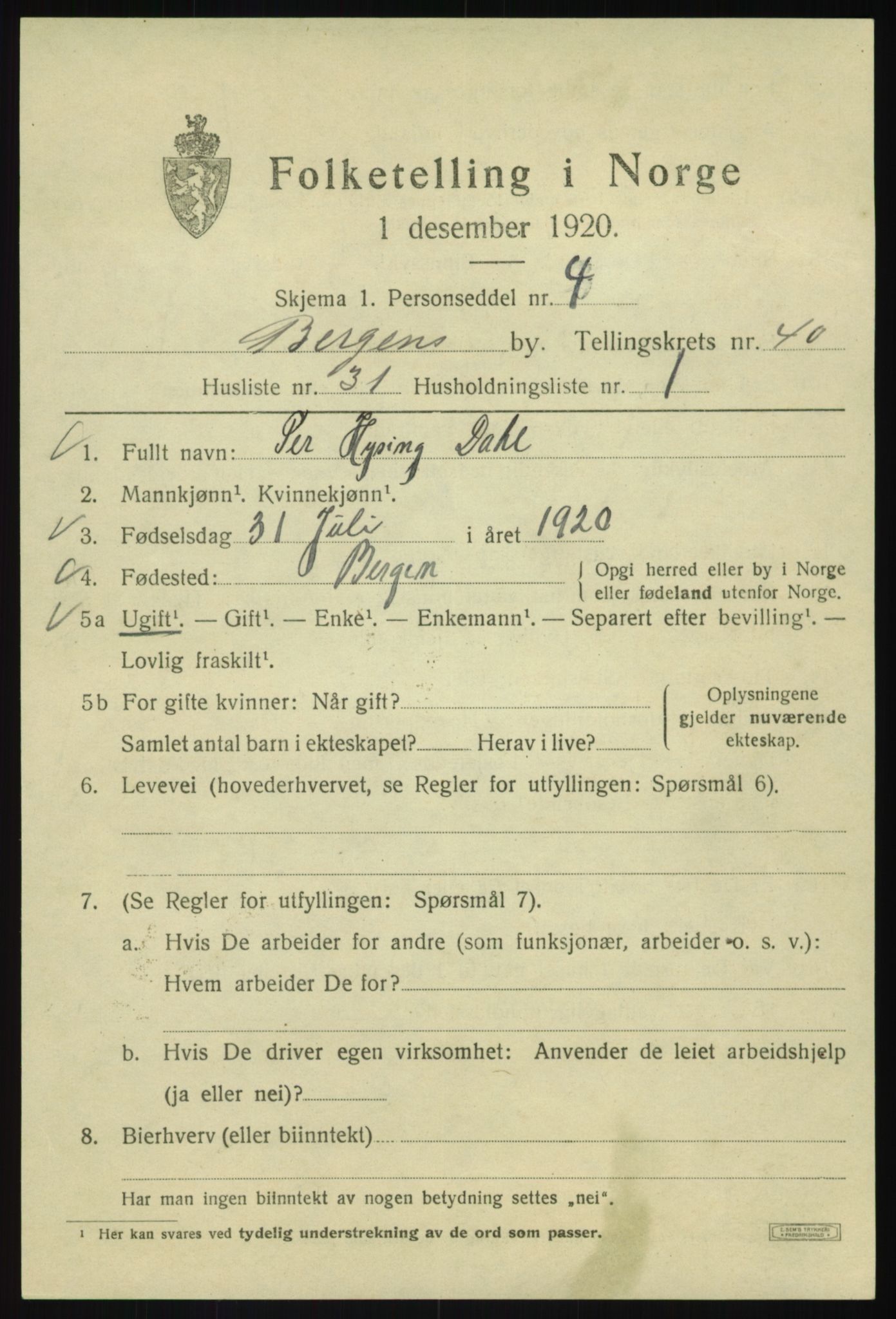 SAB, 1920 census for Bergen, 1920, p. 108433