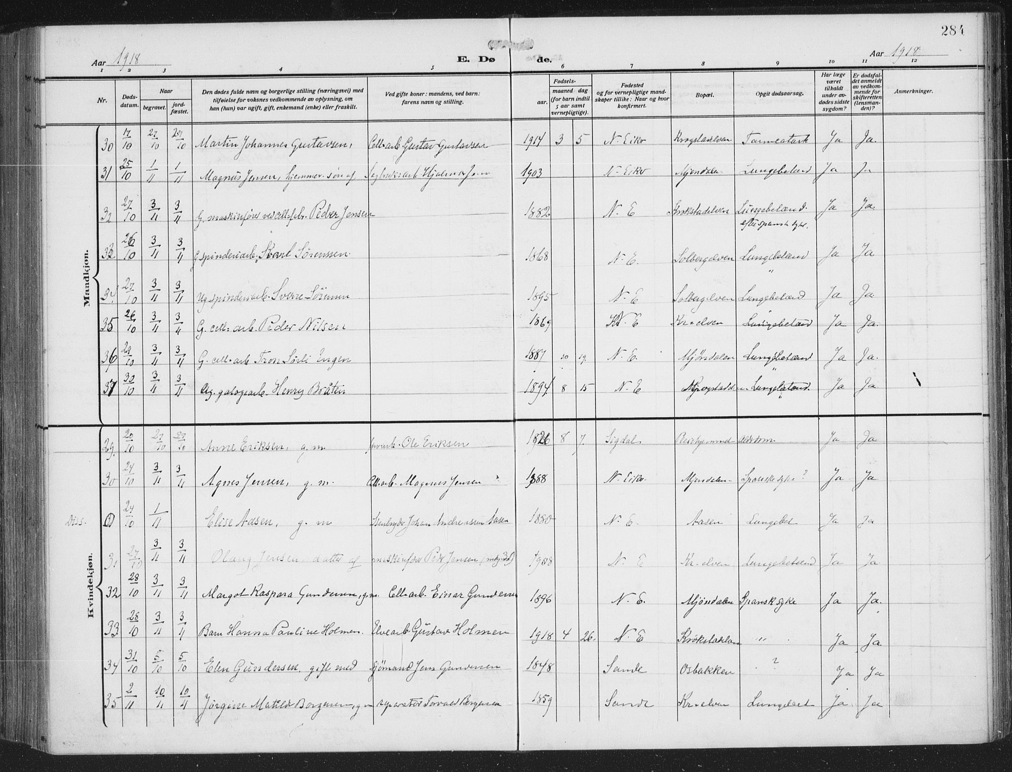 Nedre Eiker kirkebøker, AV/SAKO-A-612/F/Fa/L0007: Parish register (official) no. 7, 1912-1918, p. 284