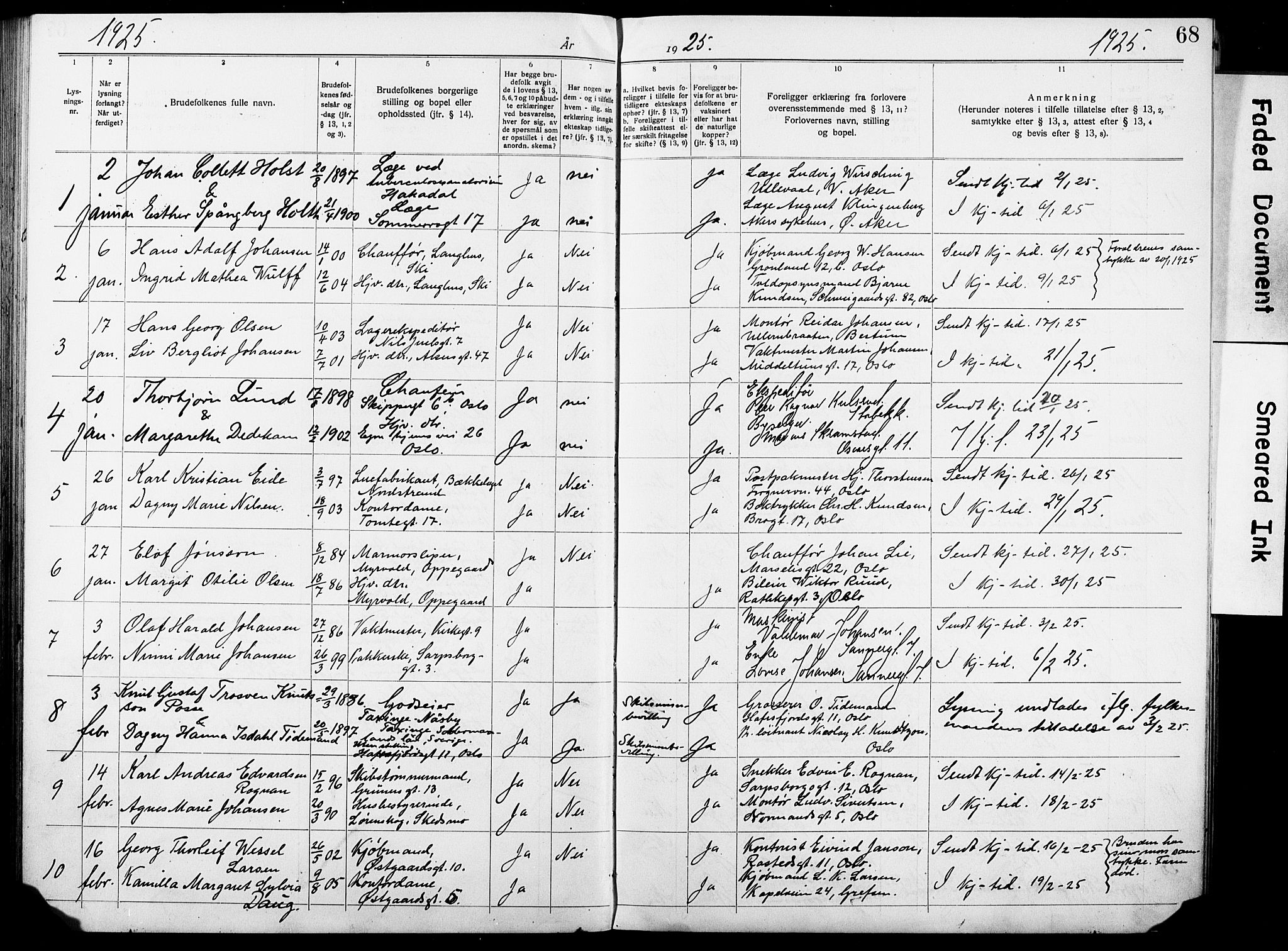 Oslo domkirke Kirkebøker, AV/SAO-A-10752/H/Ha/L0006: Banns register no. 6, 1919-1928, p. 68