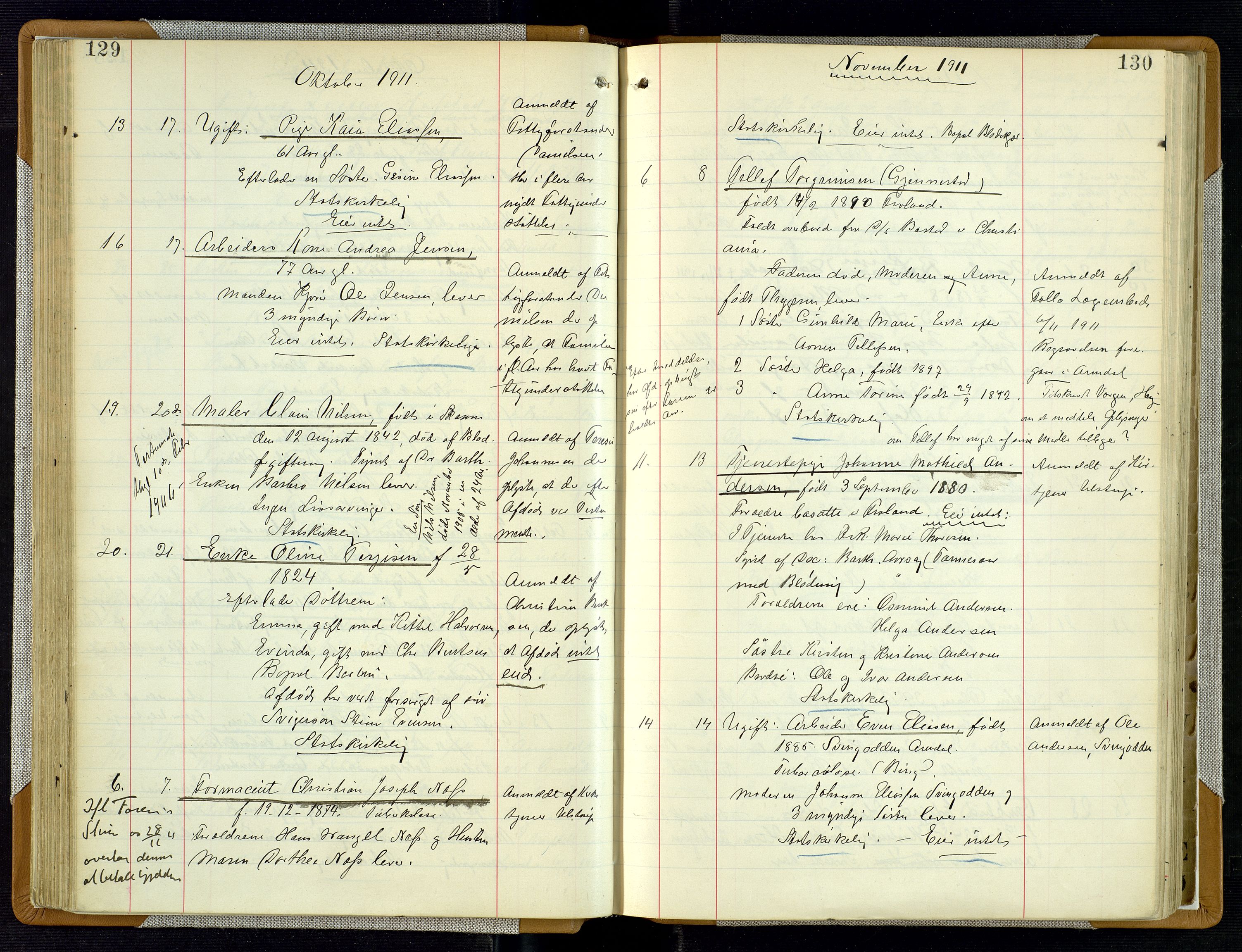 Arendal byfogd, SAK/1222-0001/H/Ha/L0003: Dødsfallsprotokoll, 1908-1917, p. 129-130