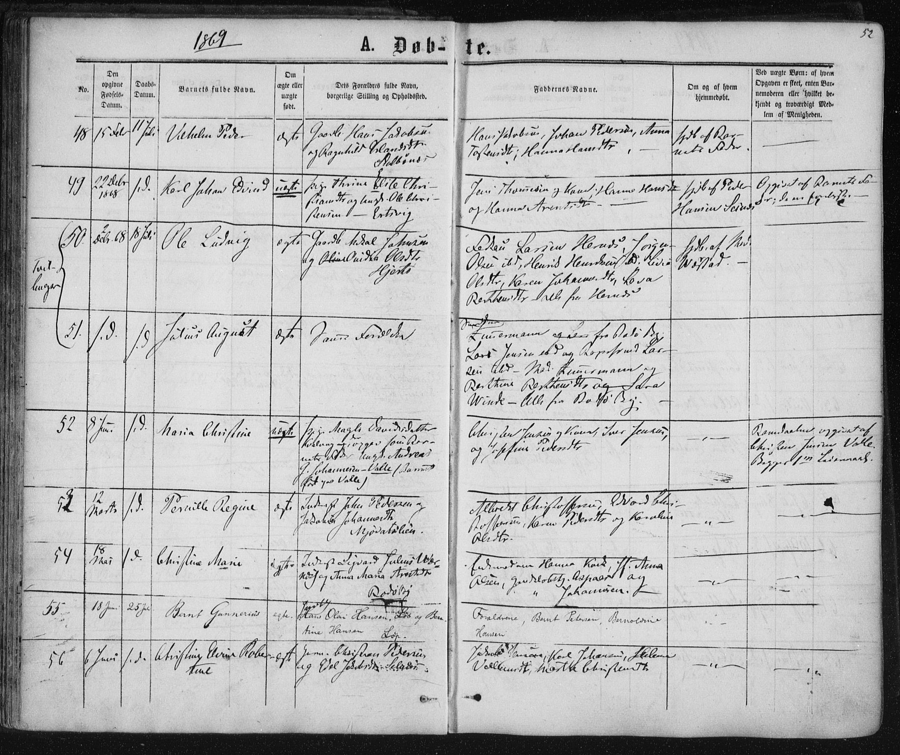 Ministerialprotokoller, klokkerbøker og fødselsregistre - Nordland, AV/SAT-A-1459/801/L0008: Parish register (official) no. 801A08, 1864-1875, p. 52