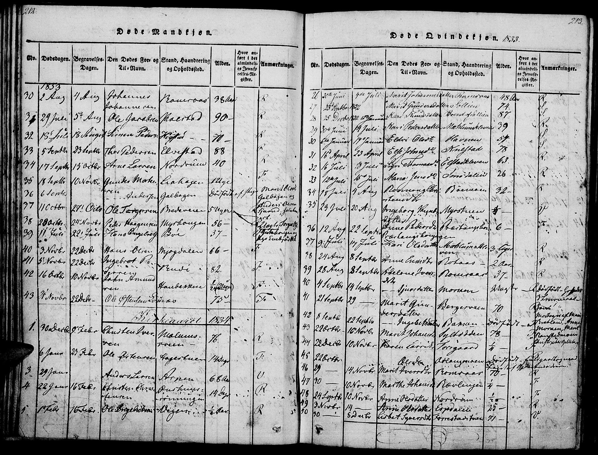 Ringebu prestekontor, SAH/PREST-082/H/Ha/Haa/L0004: Parish register (official) no. 4, 1821-1839, p. 212-213
