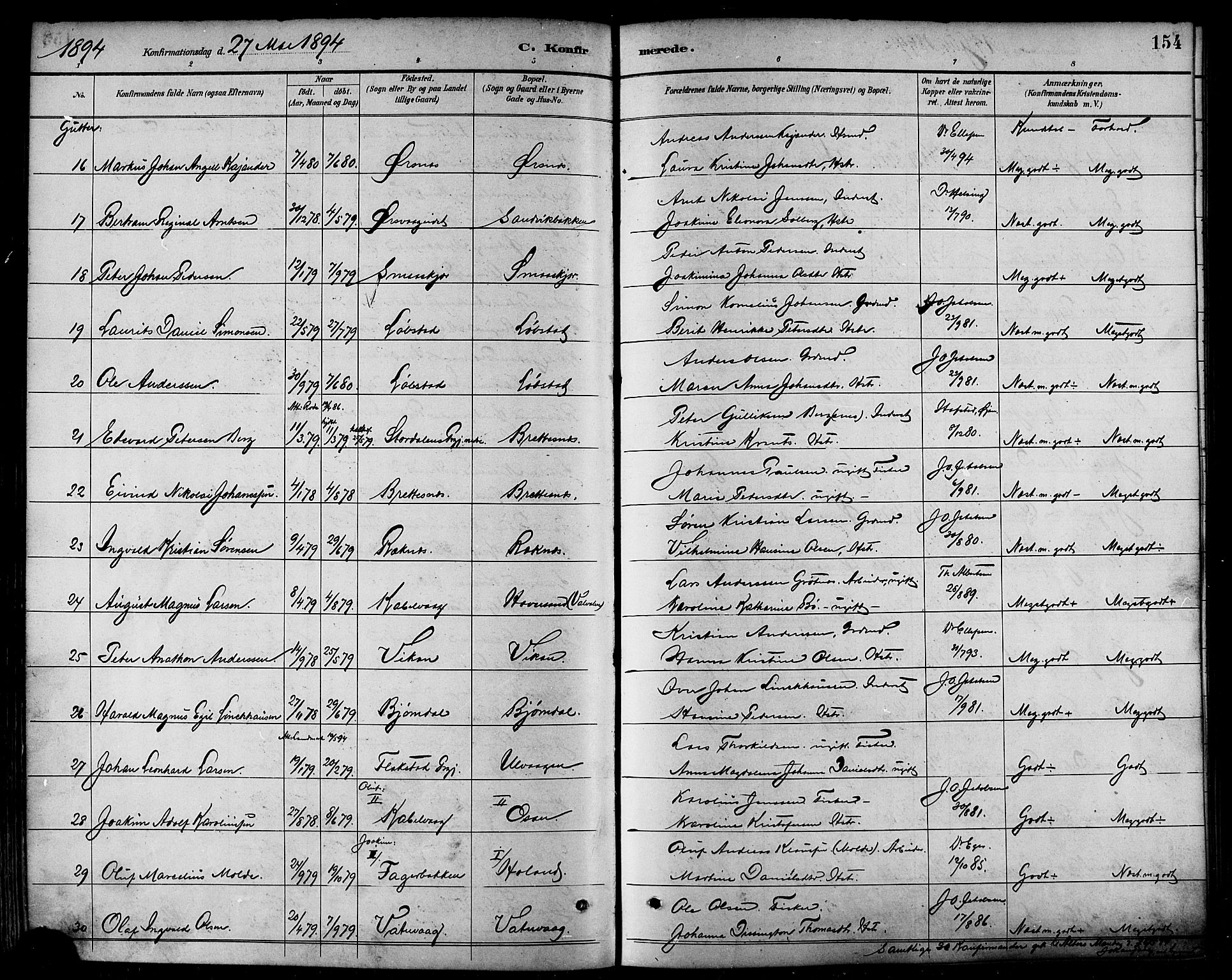 Ministerialprotokoller, klokkerbøker og fødselsregistre - Nordland, AV/SAT-A-1459/874/L1060: Parish register (official) no. 874A04, 1890-1899, p. 154