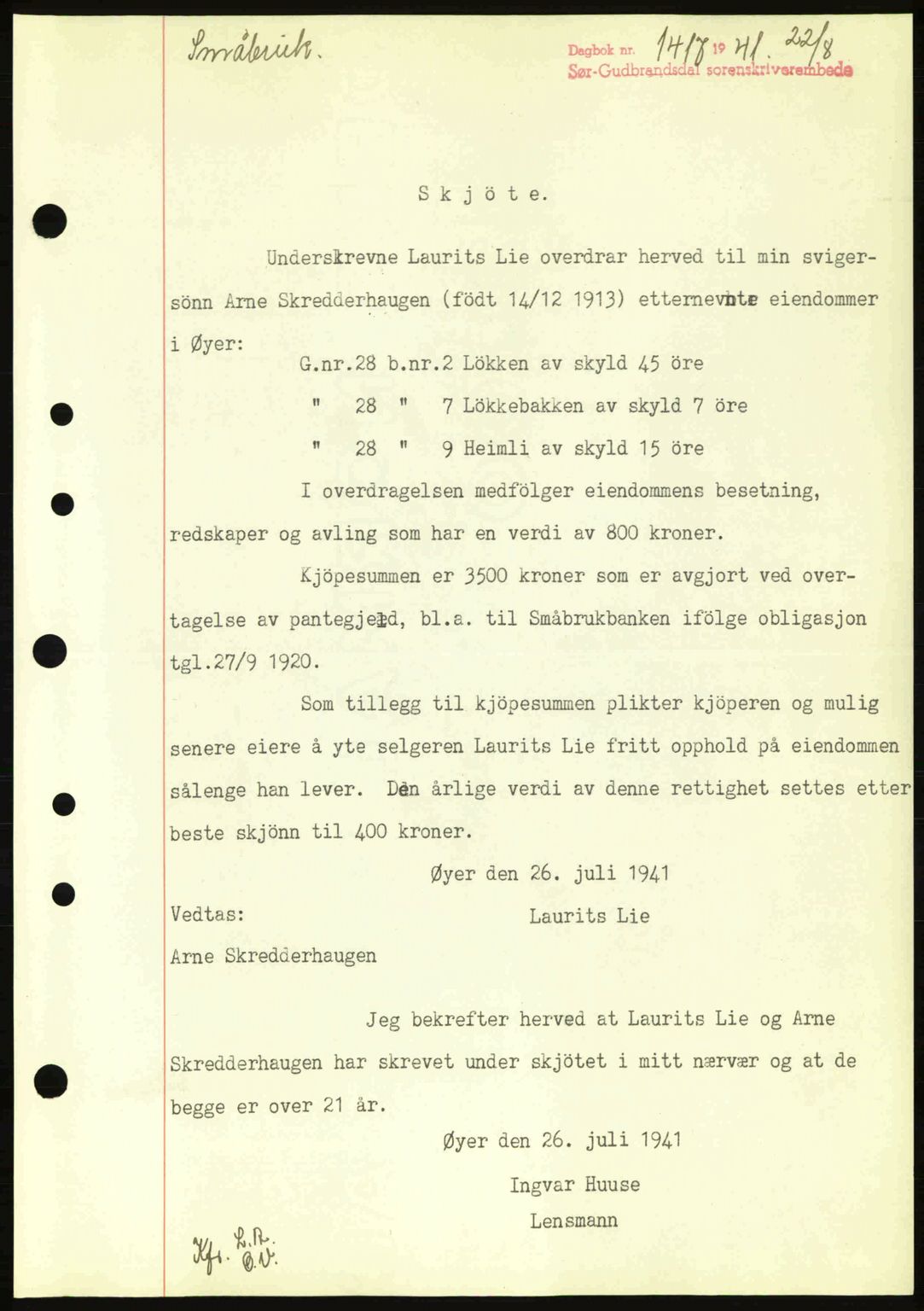 Sør-Gudbrandsdal tingrett, SAH/TING-004/H/Hb/Hbd/L0009: Mortgage book no. A9, 1941-1941, Diary no: : 1417/1941