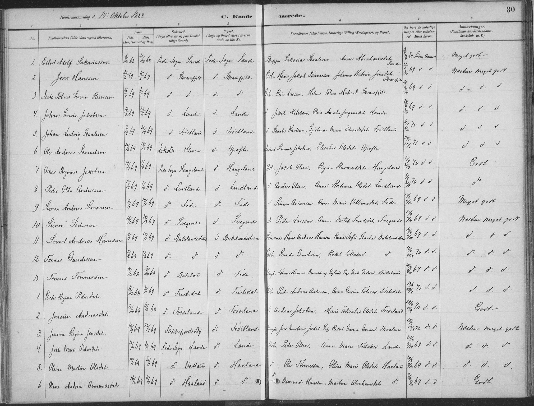 Kvinesdal sokneprestkontor, SAK/1111-0026/F/Fa/Faa/L0004: Parish register (official) no. A 4, 1882-1897, p. 30