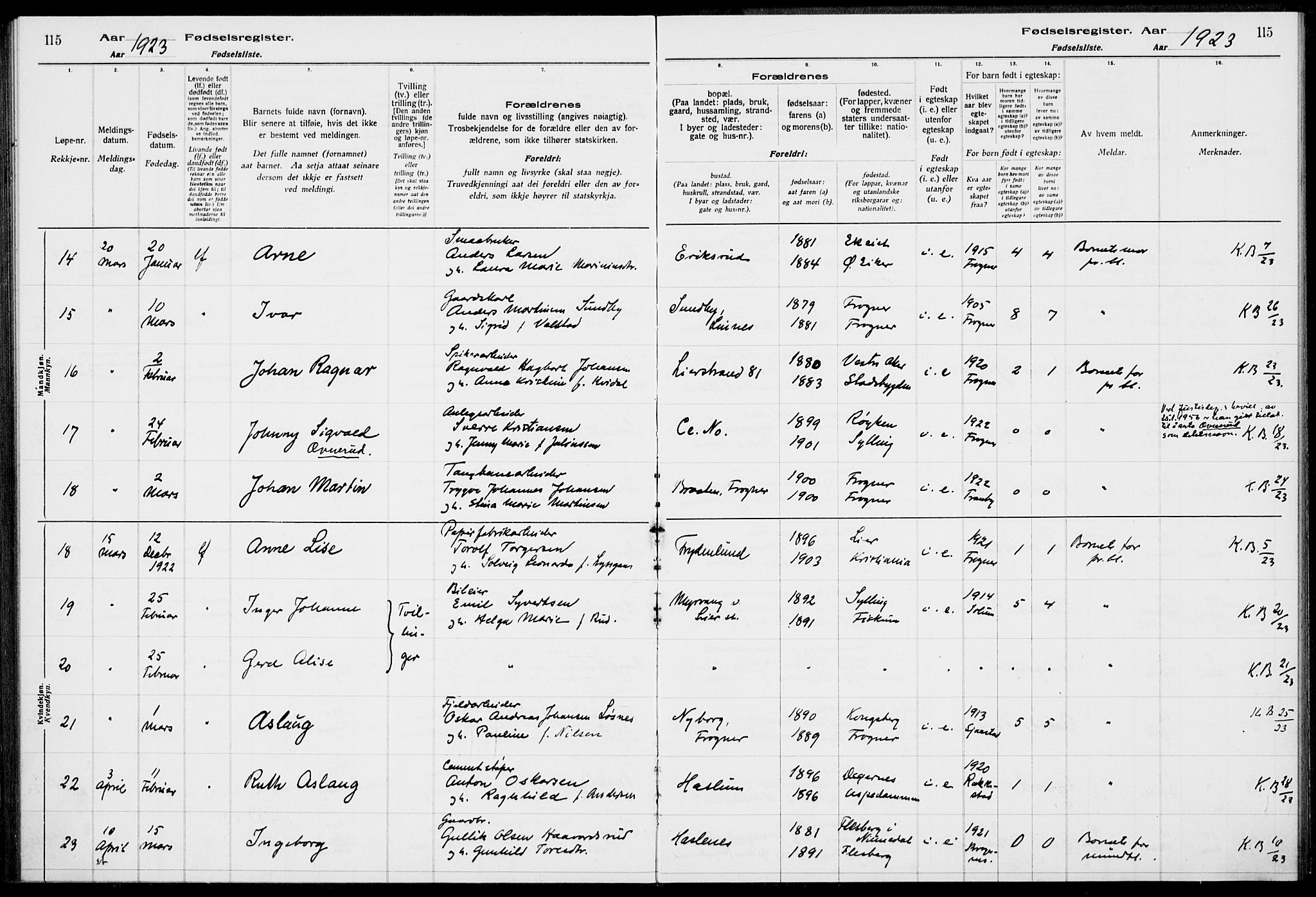 Lier kirkebøker, AV/SAKO-A-230/J/Ja/L0001: Birth register no. 1, 1916-1928, p. 115