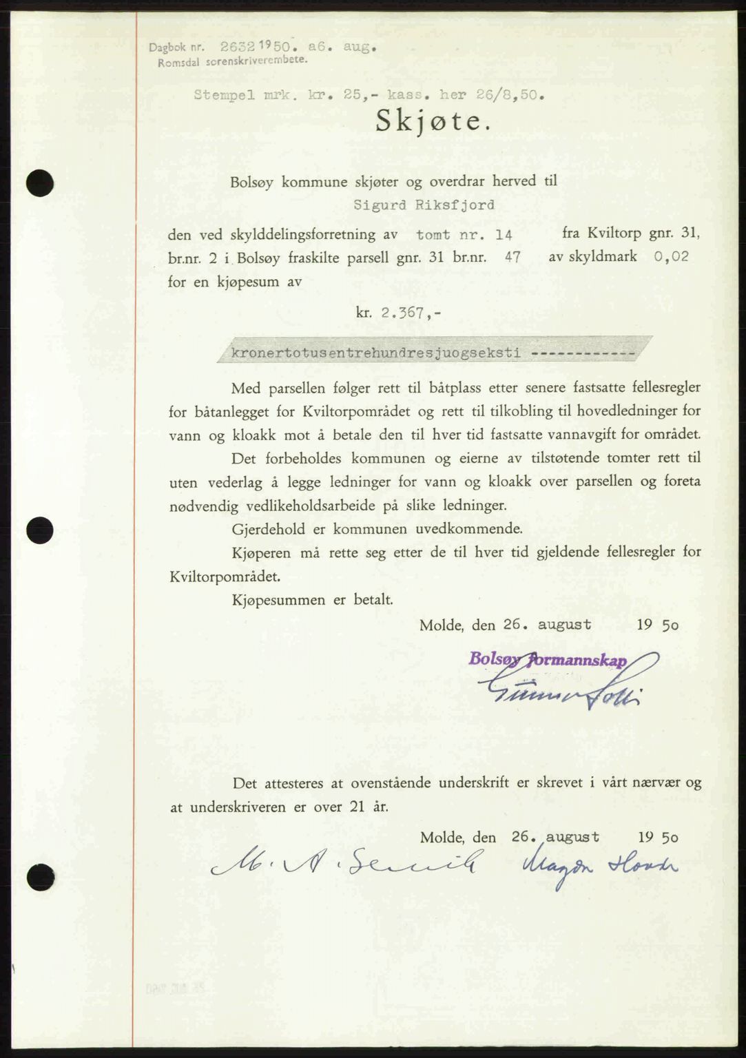 Romsdal sorenskriveri, AV/SAT-A-4149/1/2/2C: Mortgage book no. A34, 1950-1950, Diary no: : 2632/1950