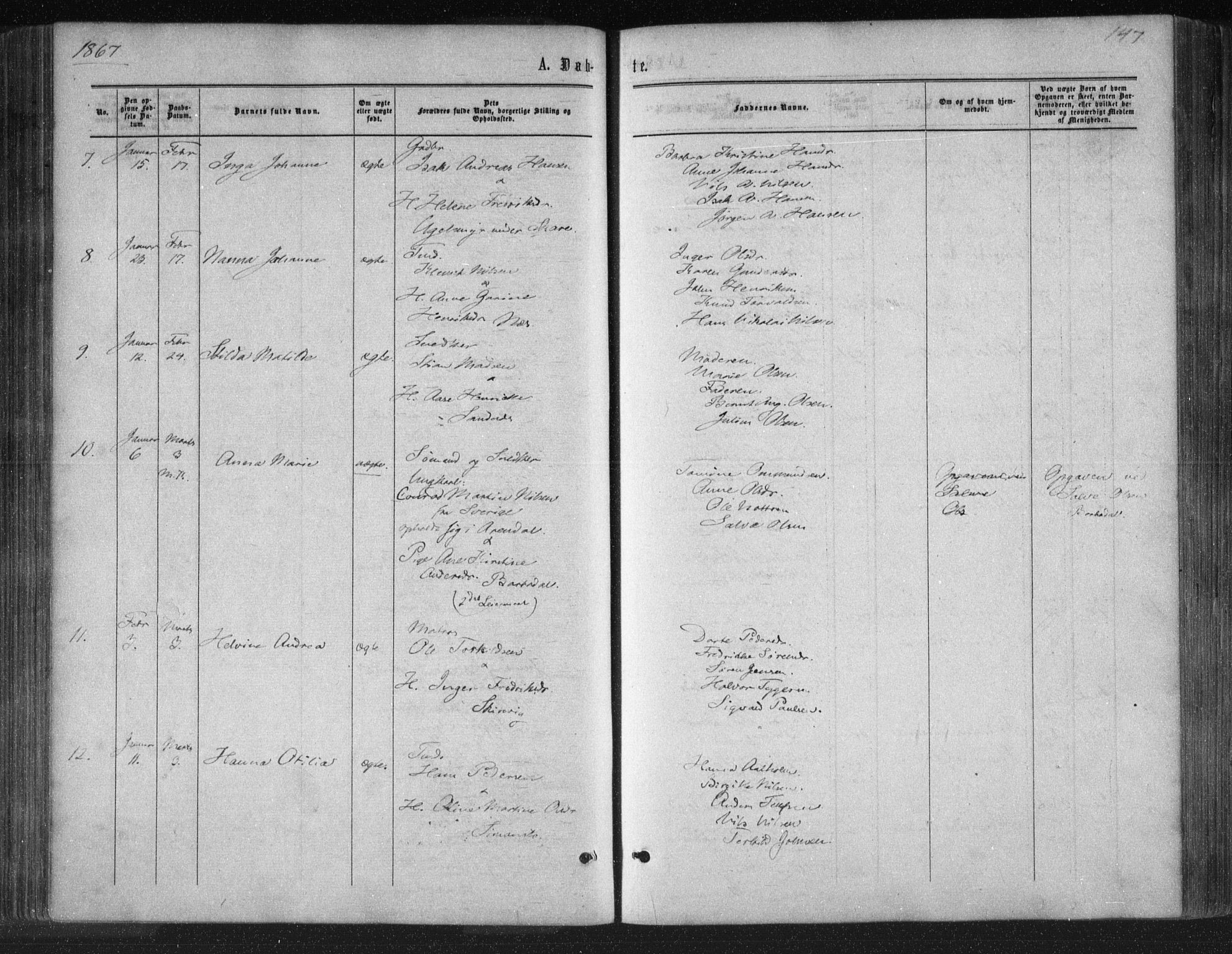 Tromøy sokneprestkontor, SAK/1111-0041/F/Fa/L0007: Parish register (official) no. A 7, 1864-1869, p. 147