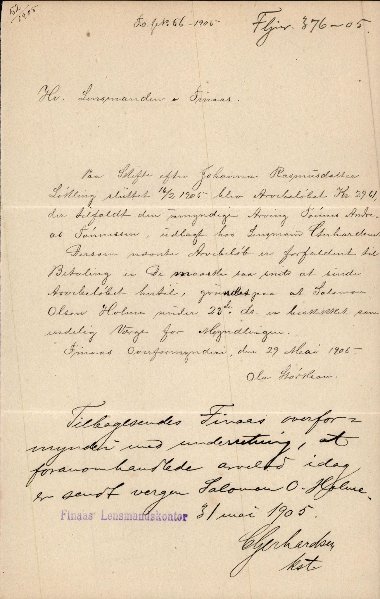 Finnaas kommune. Overformynderiet, IKAH/1218a-812/D/Da/Daa/L0002/0003: Kronologisk ordna korrespondanse / Kronologisk ordna korrespondanse, 1905-1909, p. 20