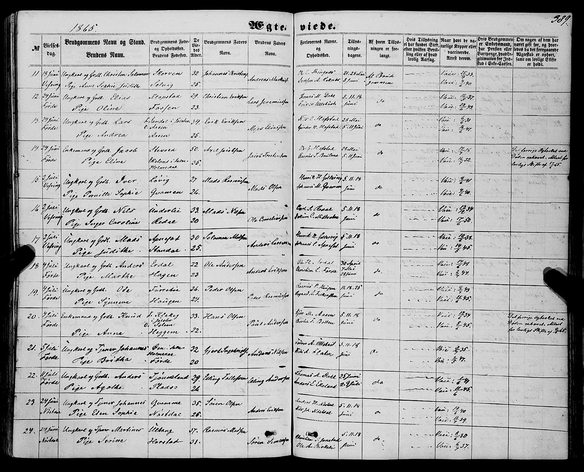 Førde sokneprestembete, SAB/A-79901/H/Haa/Haaa/L0009: Parish register (official) no. A 9, 1861-1877, p. 389