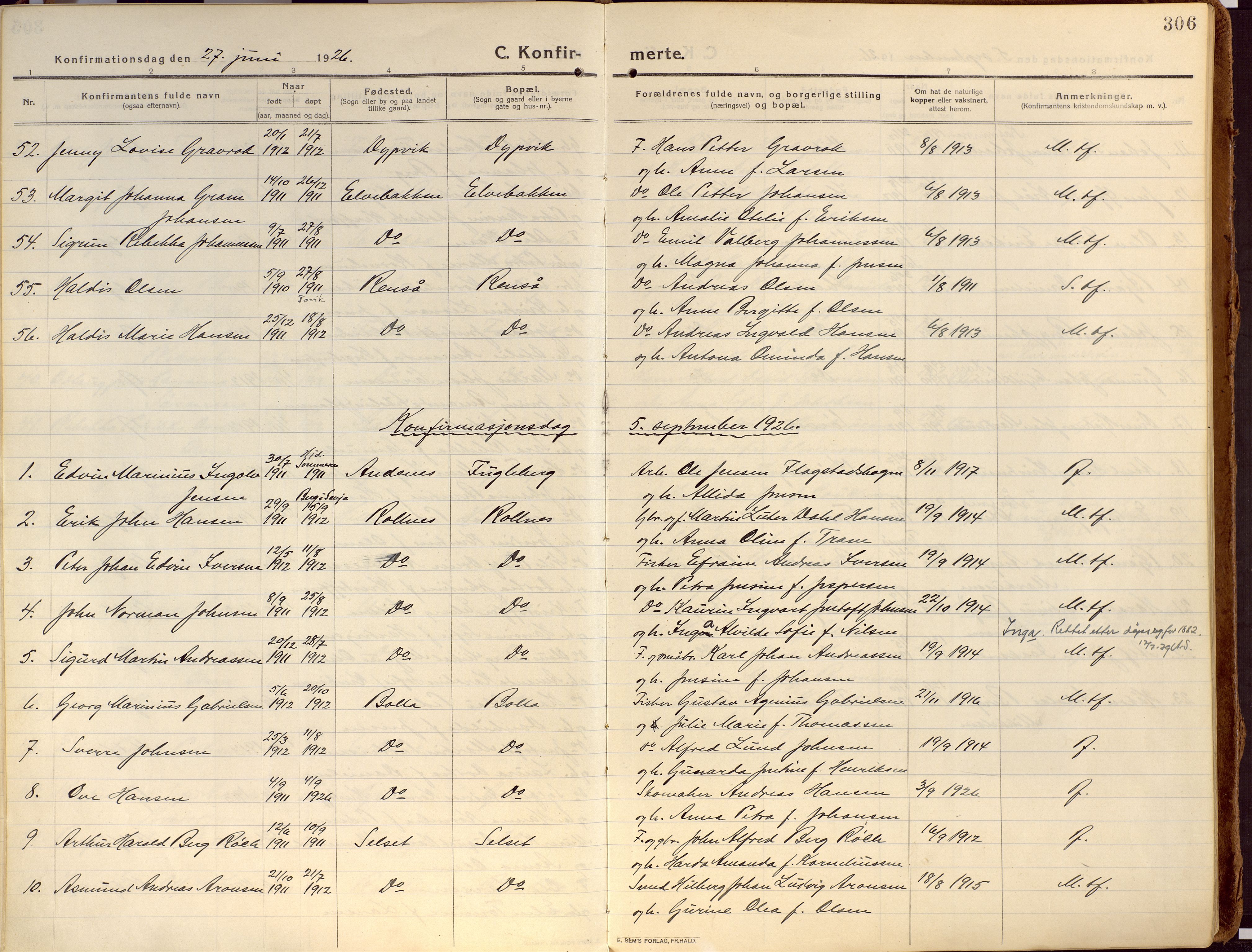 Ibestad sokneprestembete, AV/SATØ-S-0077/H/Ha/Haa/L0018kirke: Parish register (official) no. 18, 1915-1929, p. 306