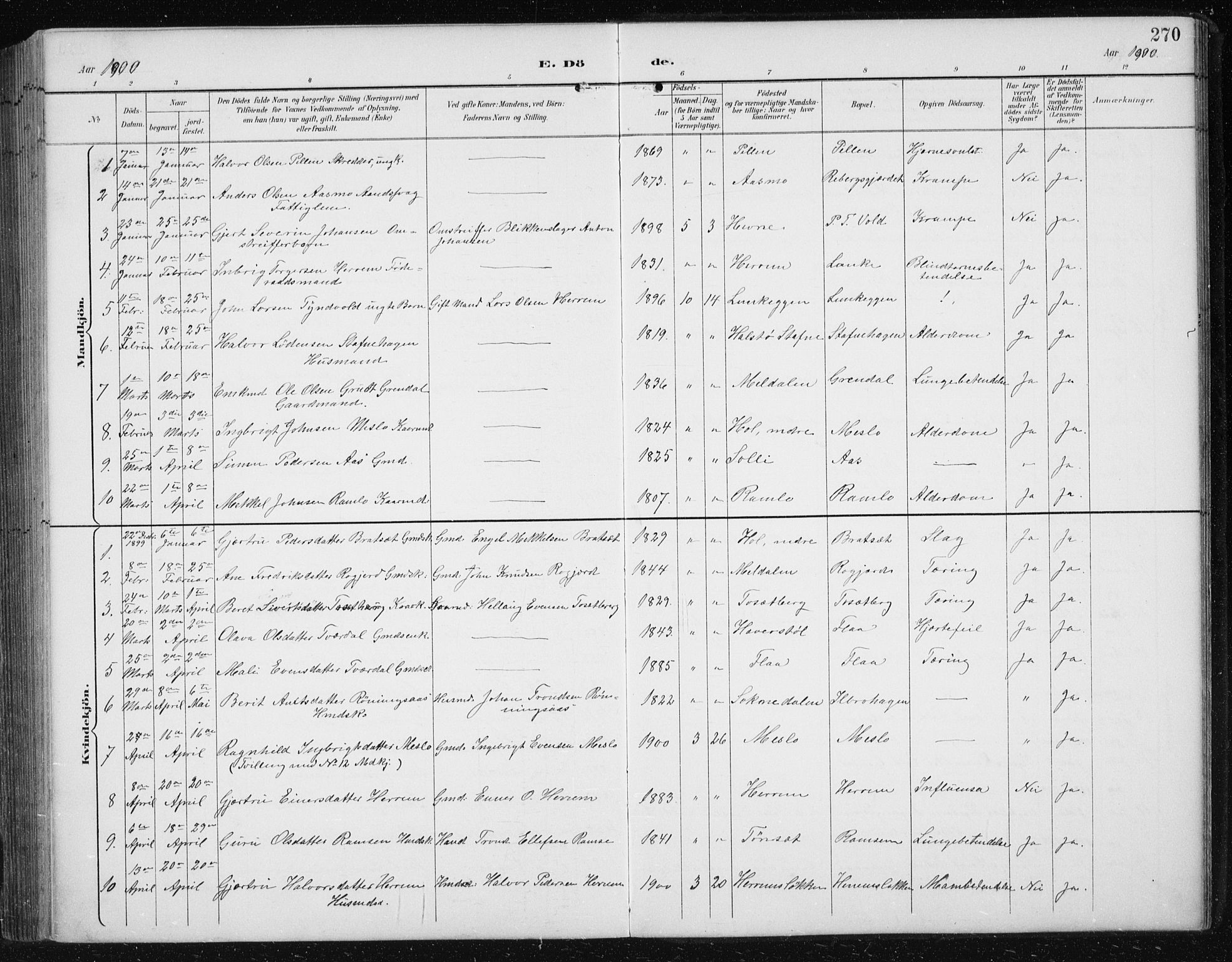 Ministerialprotokoller, klokkerbøker og fødselsregistre - Sør-Trøndelag, SAT/A-1456/674/L0876: Parish register (copy) no. 674C03, 1892-1912, p. 270