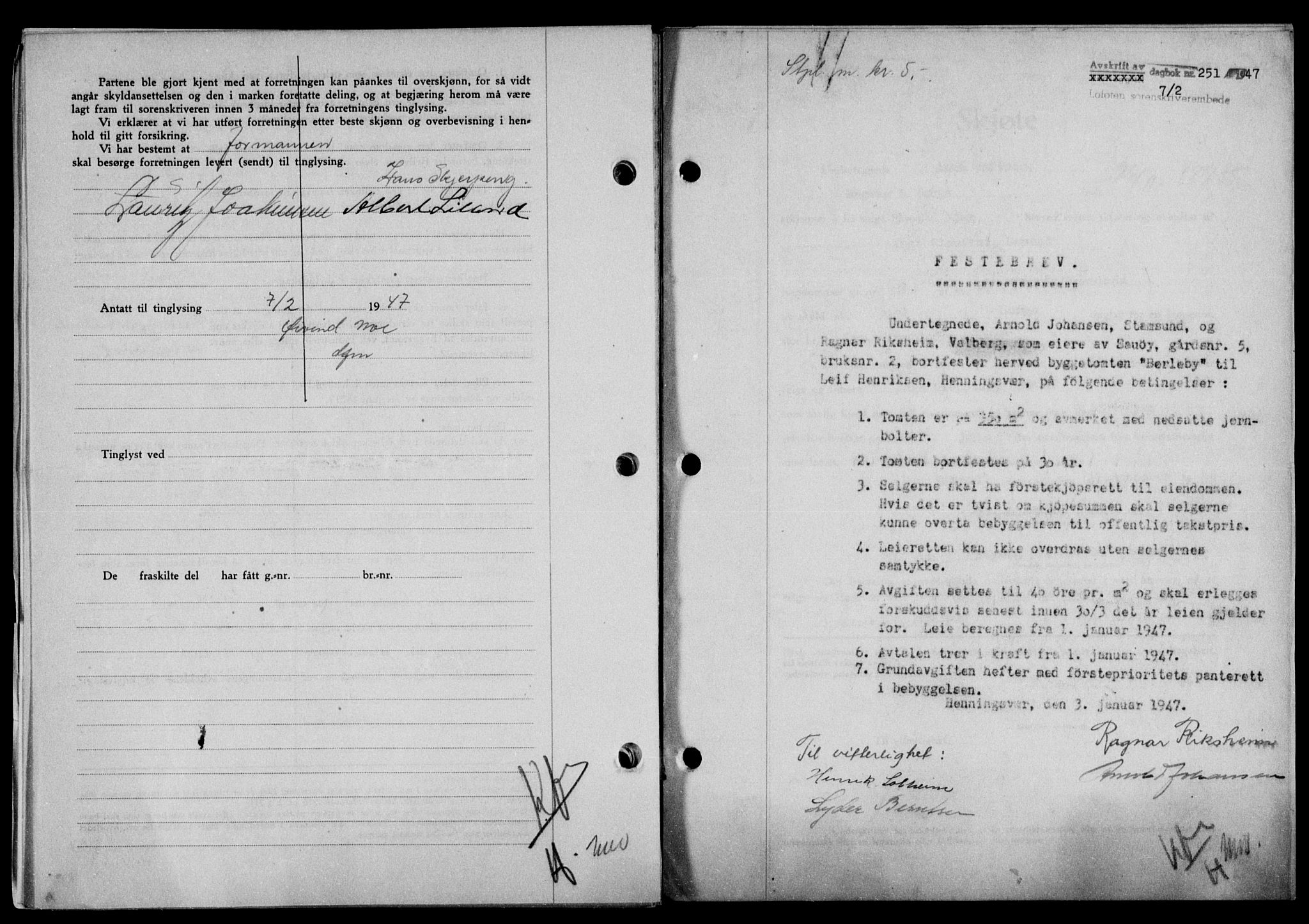 Lofoten sorenskriveri, SAT/A-0017/1/2/2C/L0015a: Mortgage book no. 15a, 1946-1947, Diary no: : 251/1947