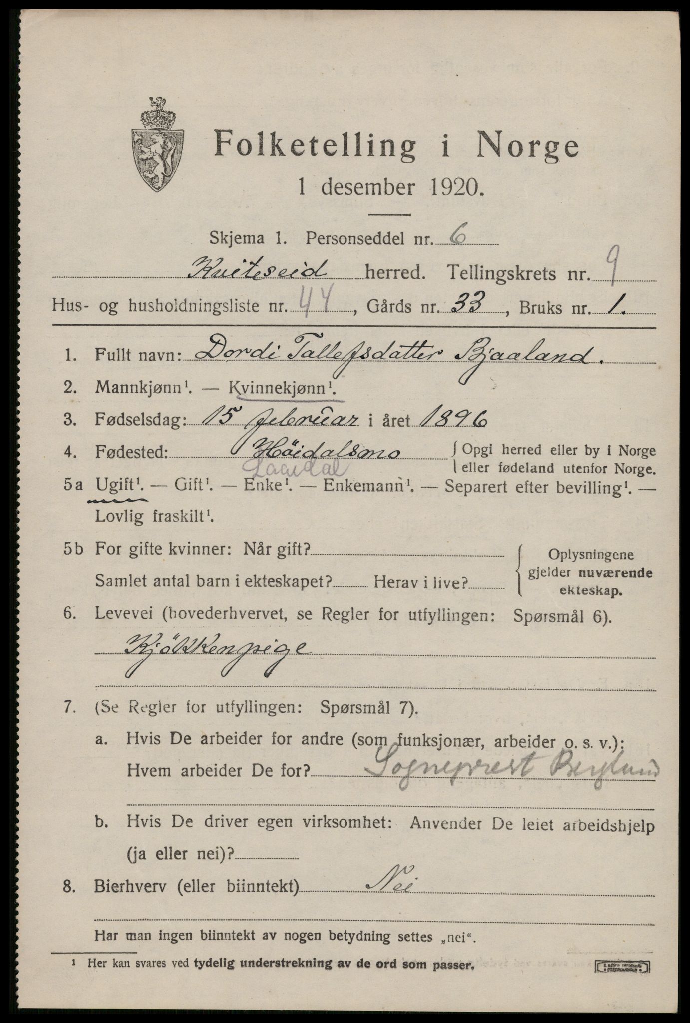 SAKO, 1920 census for Kviteseid, 1920, p. 4659