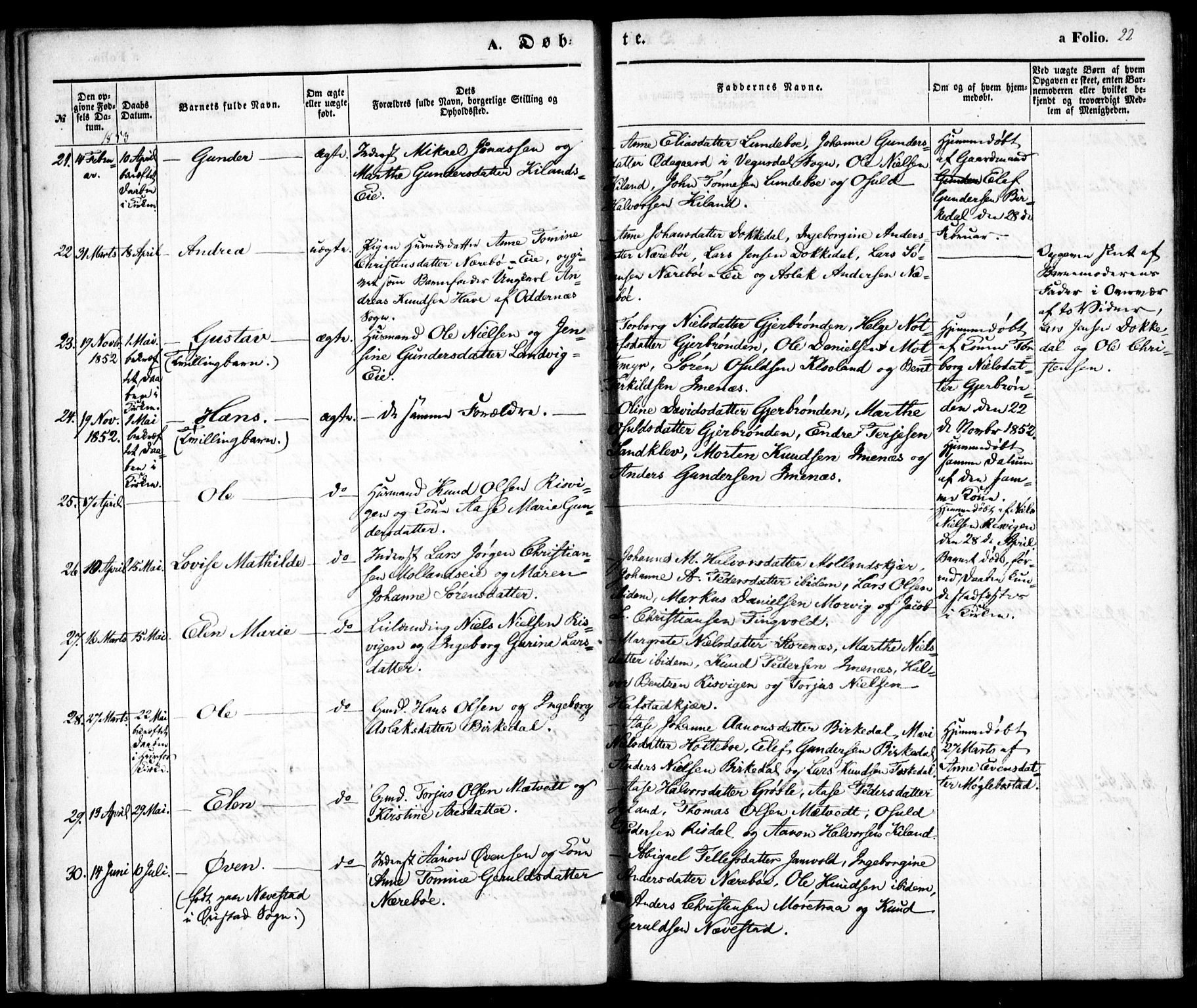 Hommedal sokneprestkontor, AV/SAK-1111-0023/F/Fa/Fab/L0004: Parish register (official) no. A 4, 1848-1860, p. 22