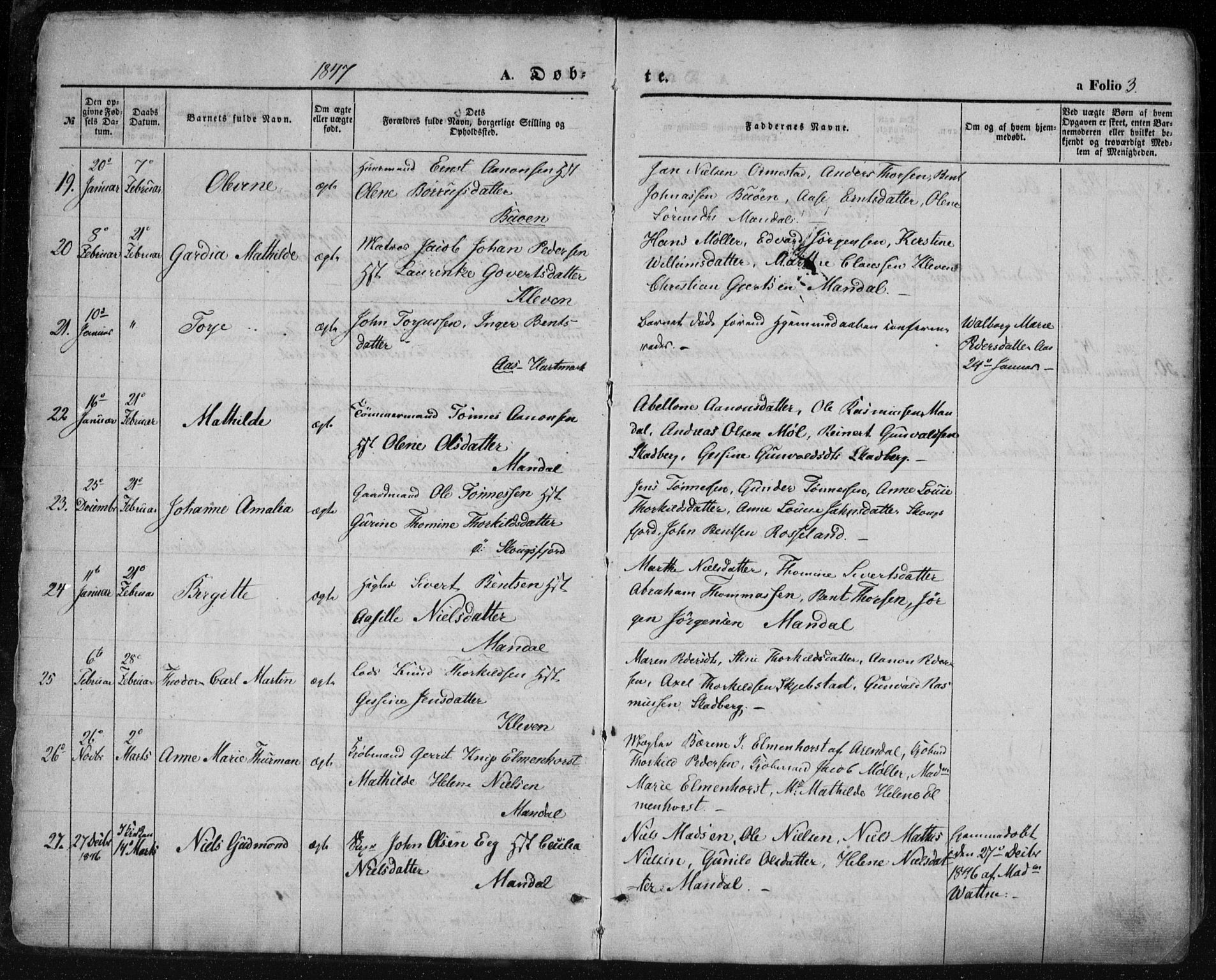 Mandal sokneprestkontor, AV/SAK-1111-0030/F/Fa/Faa/L0013: Parish register (official) no. A 13, 1847-1859, p. 3