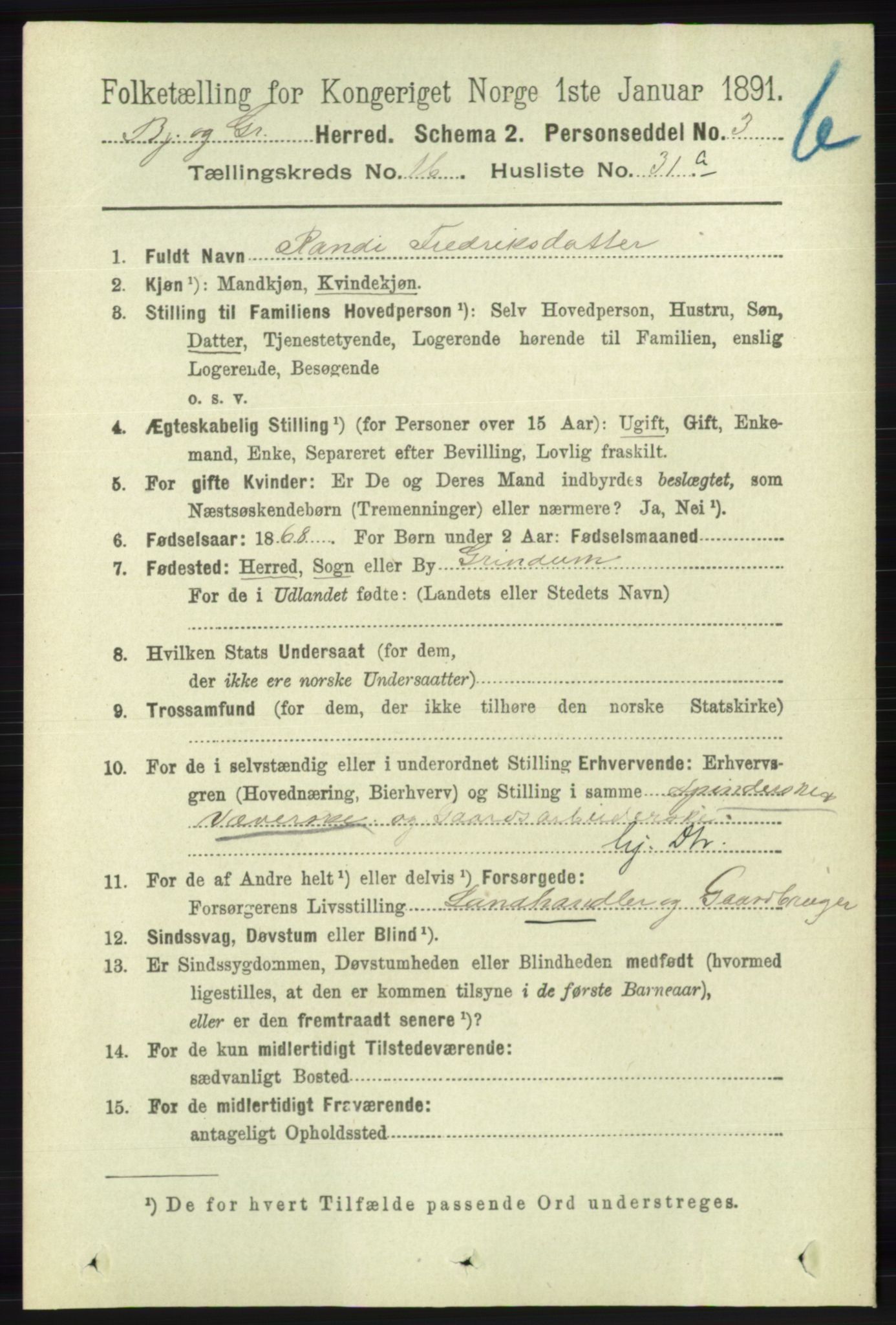 RA, 1891 census for 1024 Bjelland og Grindheim, 1891, p. 936