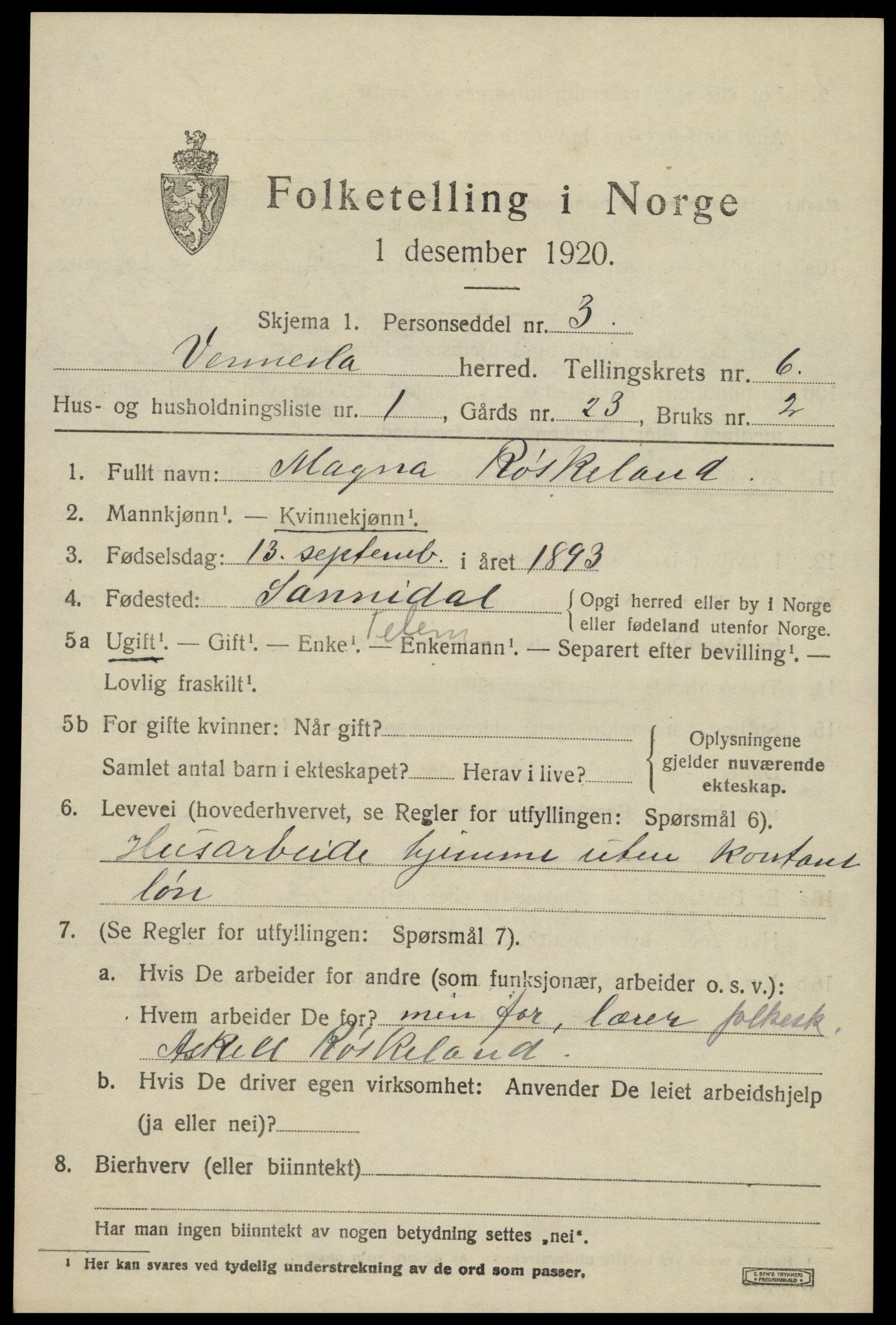 SAK, 1920 census for Vennesla, 1920, p. 4306