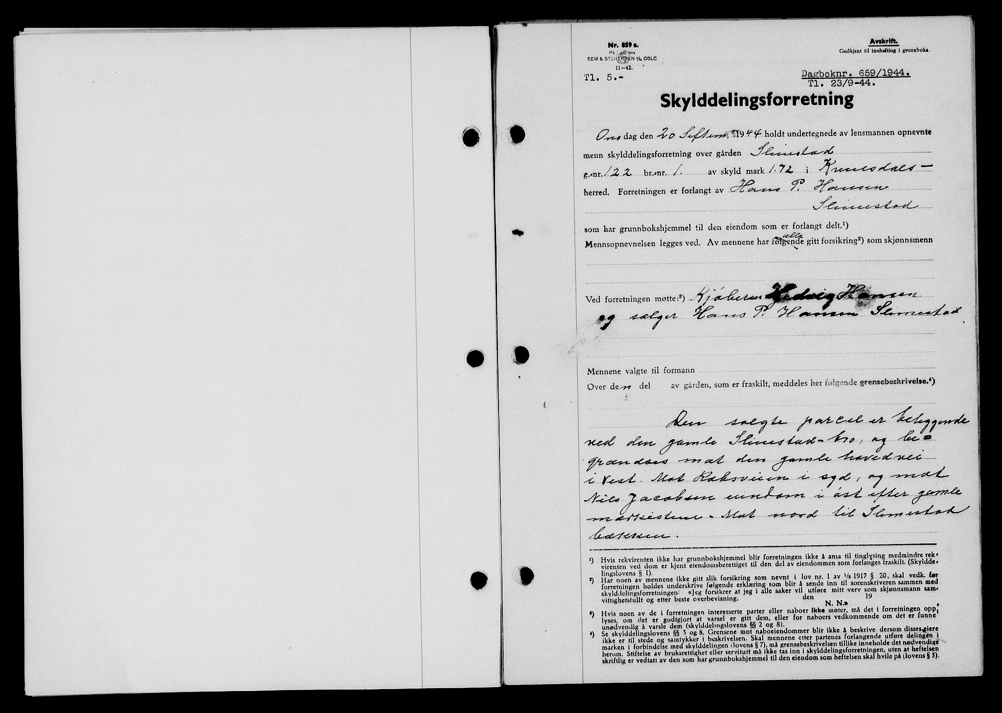 Flekkefjord sorenskriveri, SAK/1221-0001/G/Gb/Gba/L0059: Mortgage book no. A-7, 1944-1945, Diary no: : 659/1944