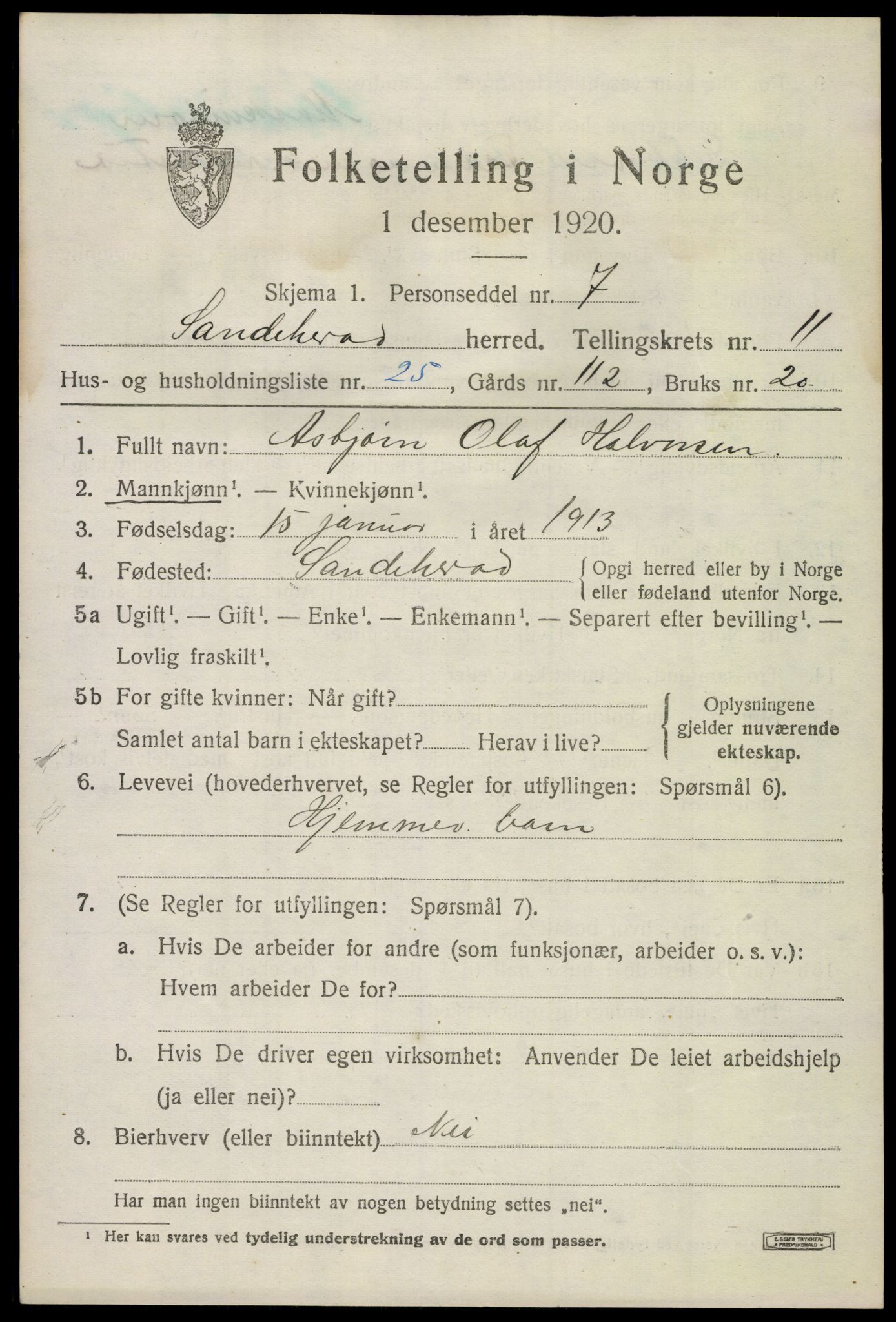 SAKO, 1920 census for Sandeherred, 1920, p. 15912