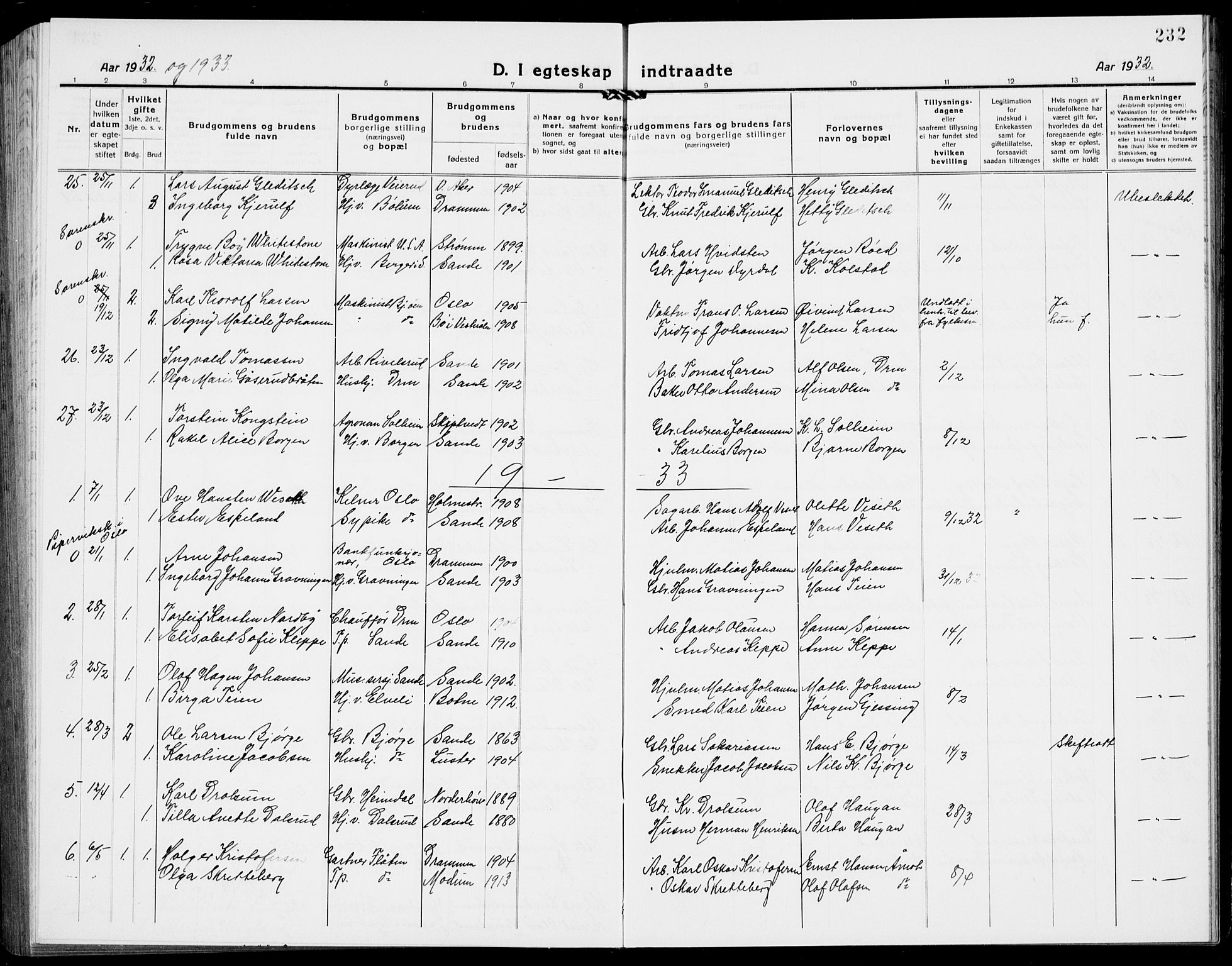 Sande Kirkebøker, AV/SAKO-A-53/G/Ga/L0005: Parish register (copy) no. 5, 1919-1937, p. 232