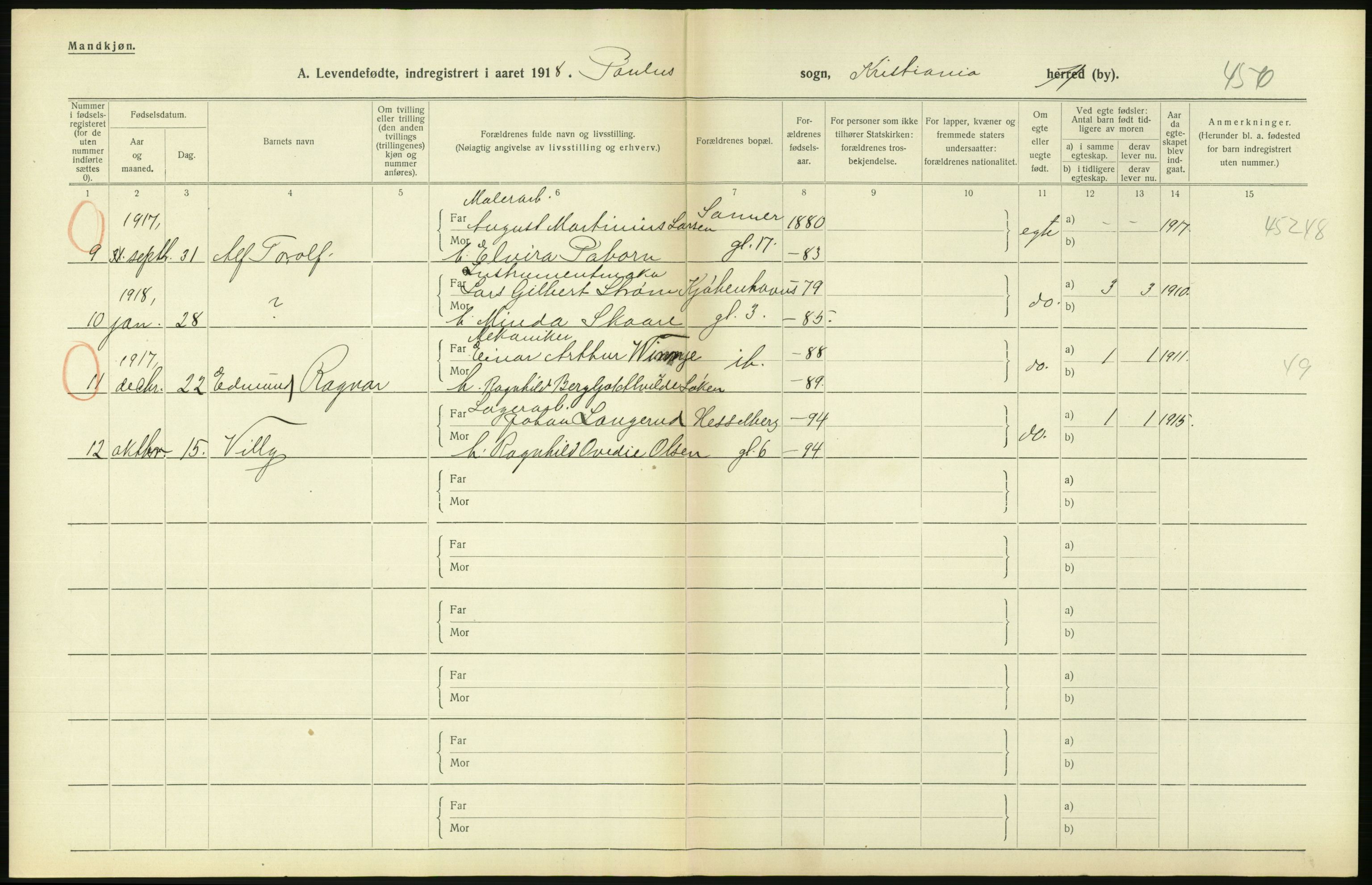 Statistisk sentralbyrå, Sosiodemografiske emner, Befolkning, AV/RA-S-2228/D/Df/Dfb/Dfbh/L0008: Kristiania: Levendefødte menn og kvinner., 1918, p. 626