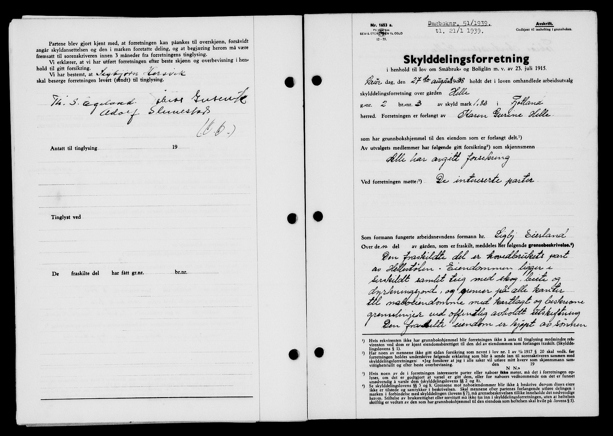 Flekkefjord sorenskriveri, AV/SAK-1221-0001/G/Gb/Gba/L0055: Mortgage book no. A-3, 1939-1939, Diary no: : 51/1939