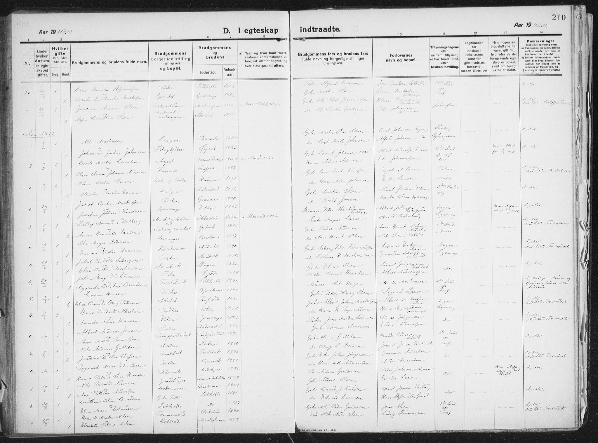 Lenvik sokneprestembete, AV/SATØ-S-1310/H/Ha/Haa/L0016kirke: Parish register (official) no. 16, 1910-1924, p. 210