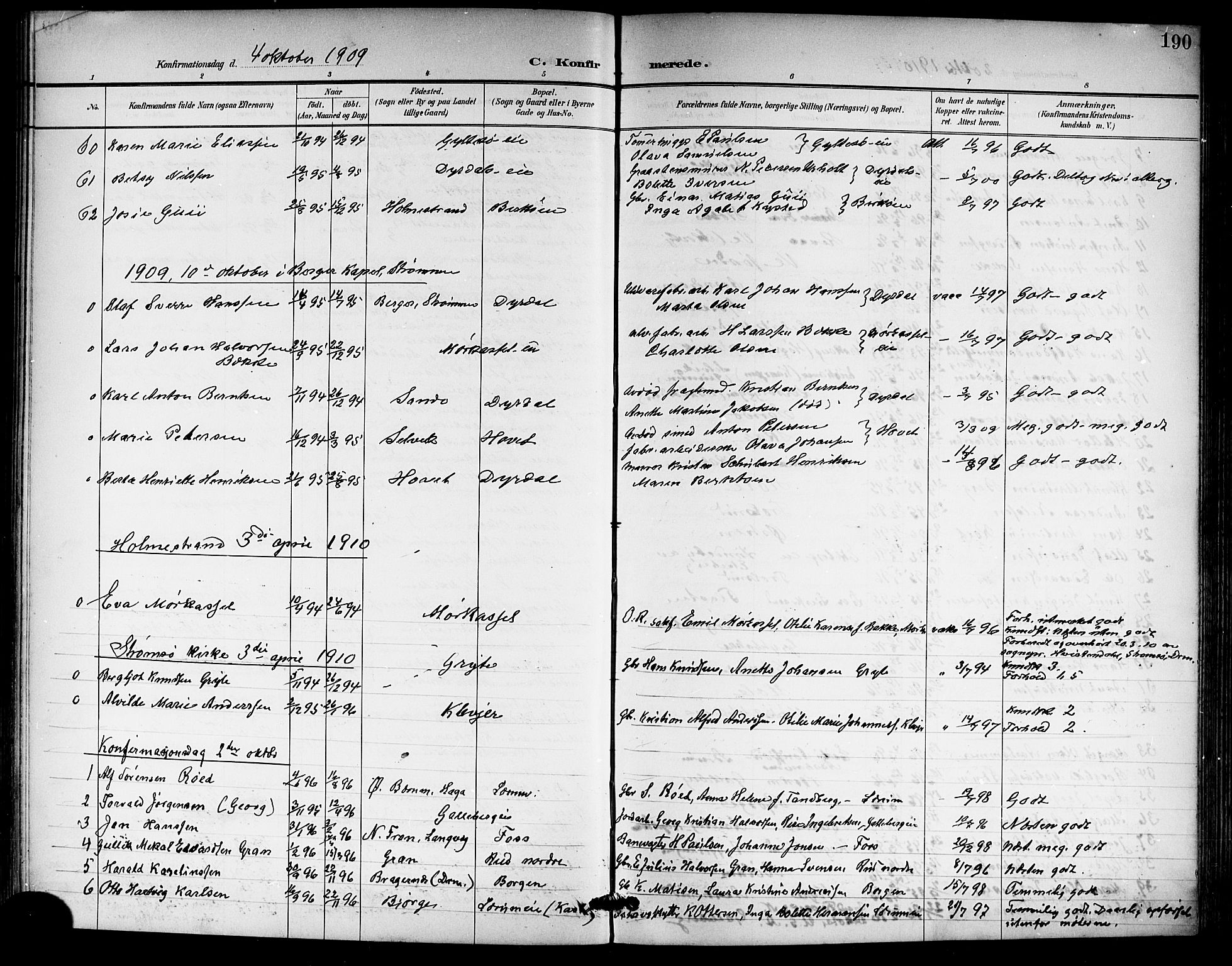 Sande Kirkebøker, SAKO/A-53/G/Ga/L0004: Parish register (copy) no. 4, 1895-1918, p. 190
