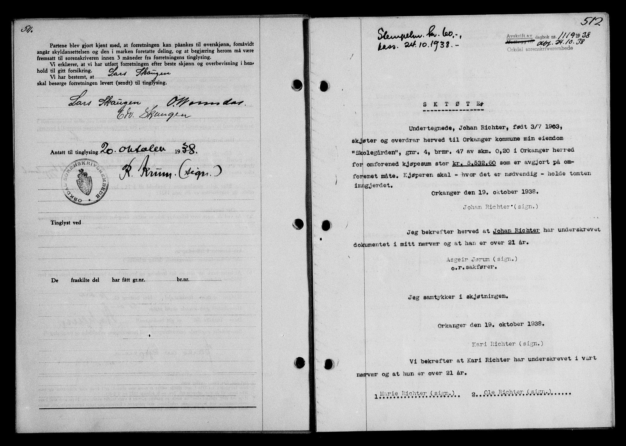 Orkdal sorenskriveri, AV/SAT-A-4169/1/2/2C/L0053: Mortgage book no. A3, 1938-1939, p. 511-512, Diary no: : 1119/1938