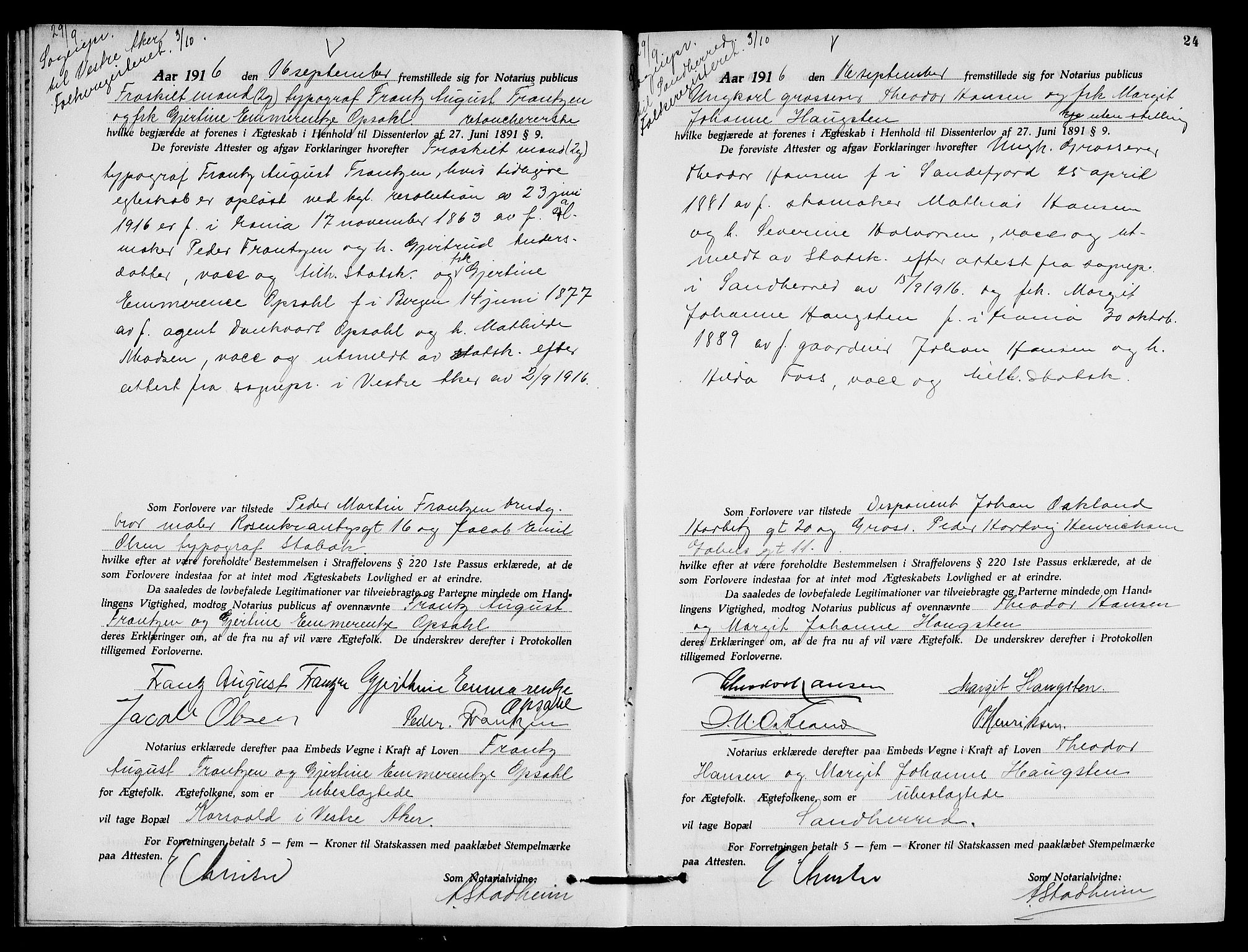 Oslo byfogd avd. I, AV/SAO-A-10220/L/Lb/Lbb/L0011: Notarialprotokoll, rekke II: Vigsler, 1916-1918, p. 23b-24a