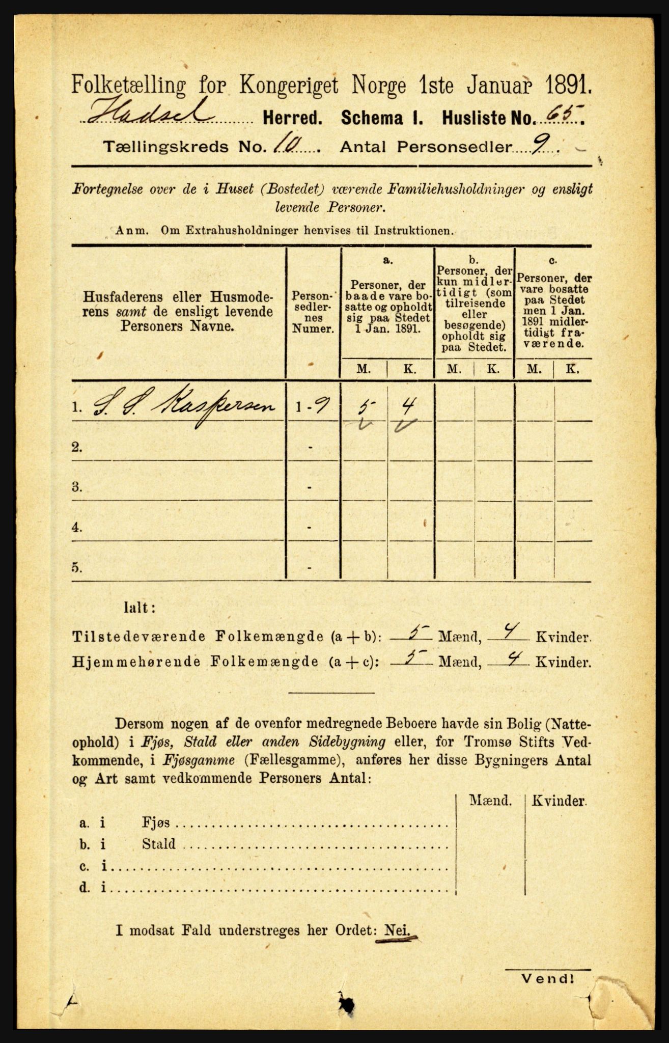 RA, 1891 census for 1866 Hadsel, 1891, p. 4198