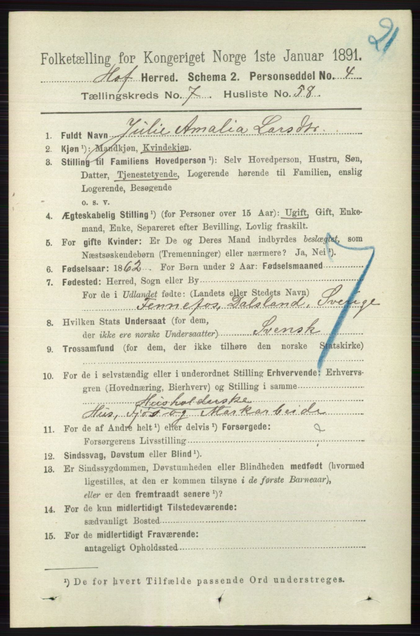 RA, 1891 census for 0714 Hof, 1891, p. 2741