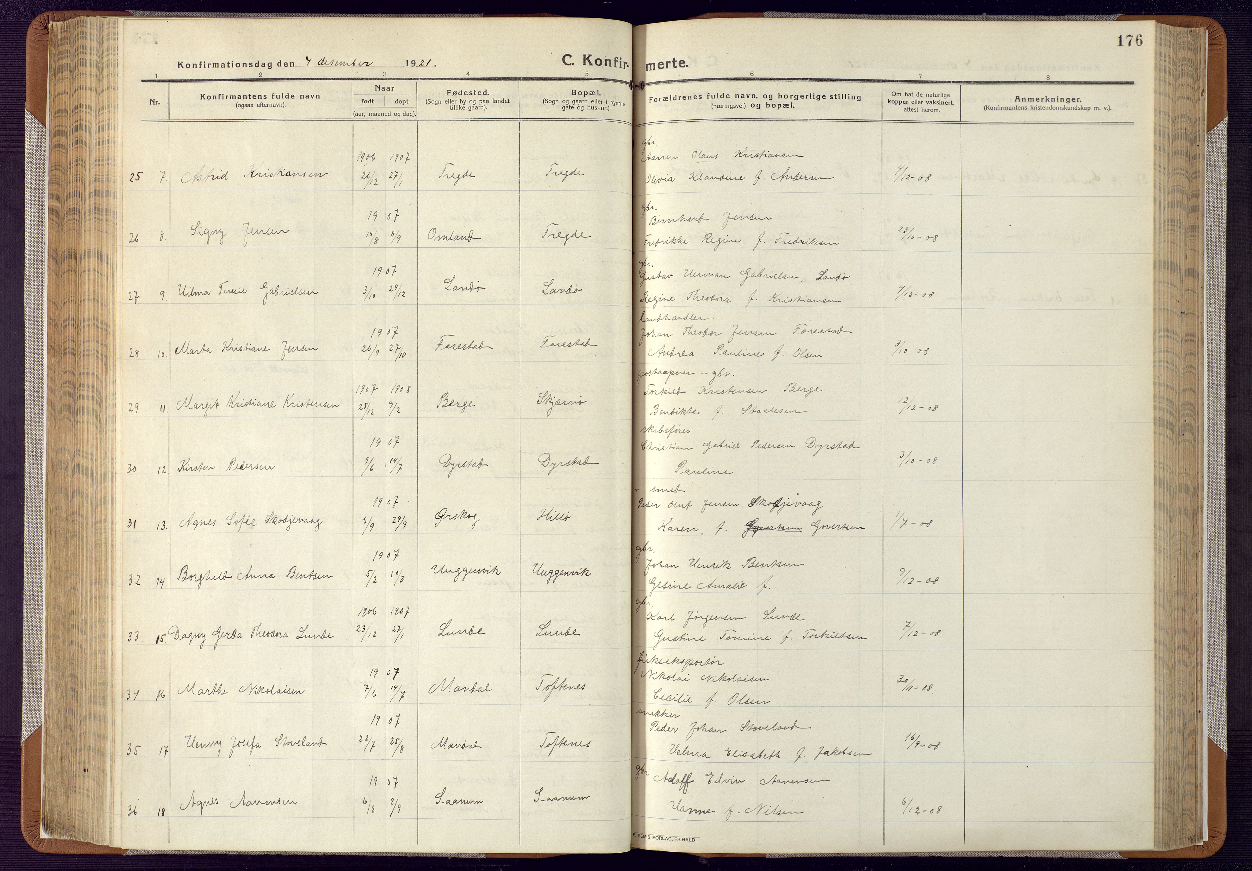 Mandal sokneprestkontor, AV/SAK-1111-0030/F/Fa/Faa/L0022: Parish register (official) no. A 22, 1913-1925, p. 176