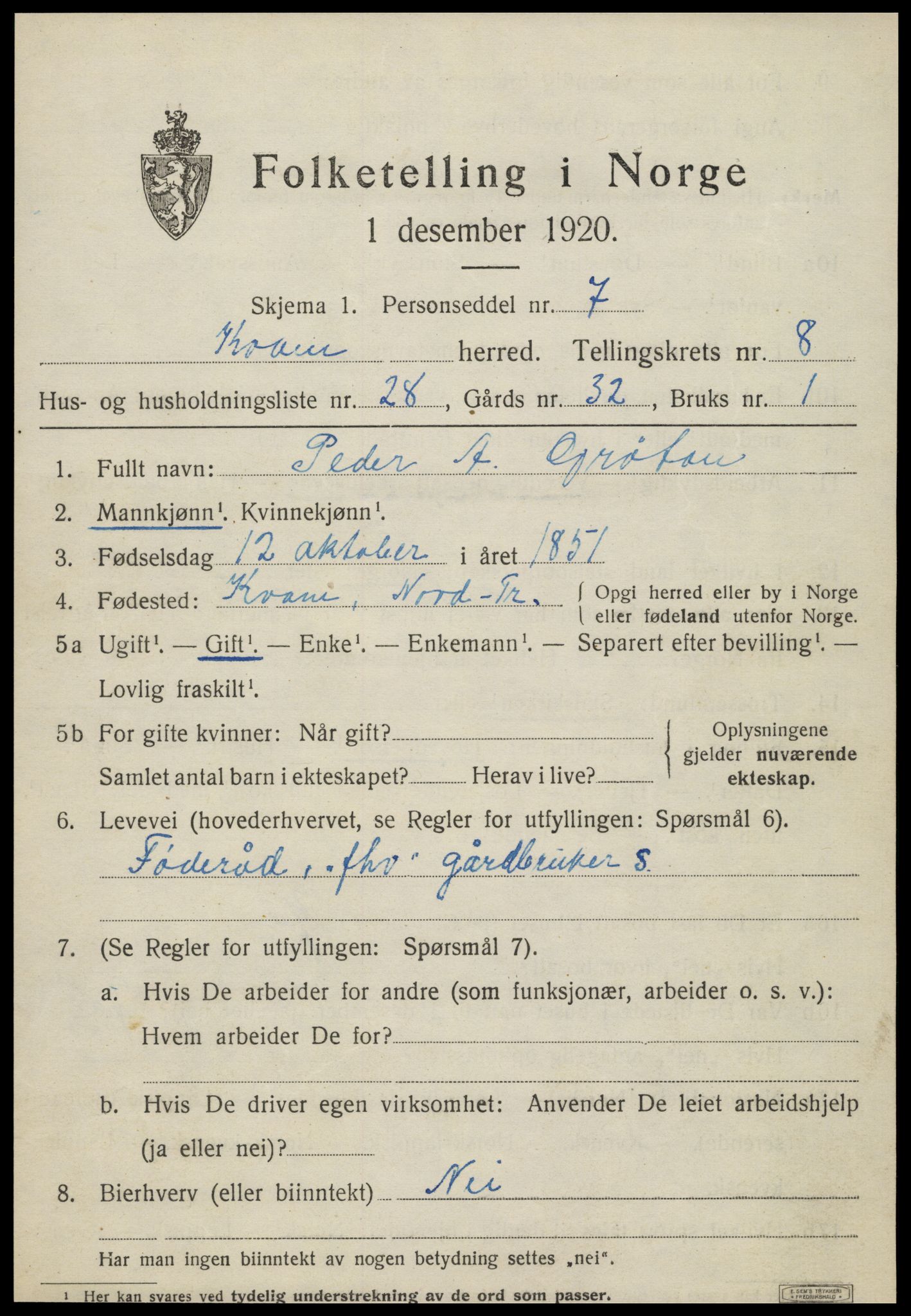 SAT, 1920 census for Kvam, 1920, p. 2309