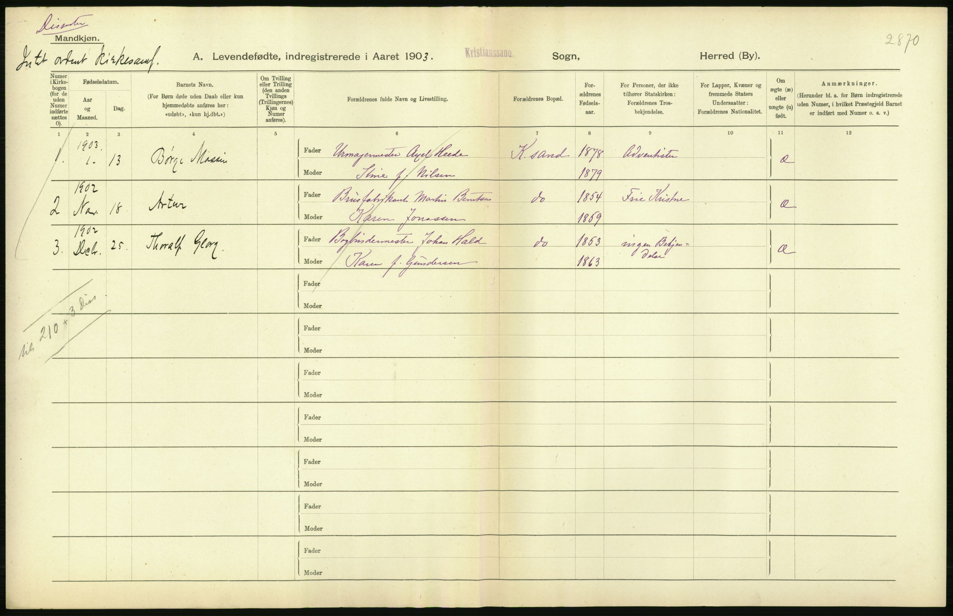 Statistisk sentralbyrå, Sosiodemografiske emner, Befolkning, AV/RA-S-2228/D/Df/Dfa/Dfaa/L0011: Lister og Mandal amt: Fødte, gifte, døde, 1903, p. 230