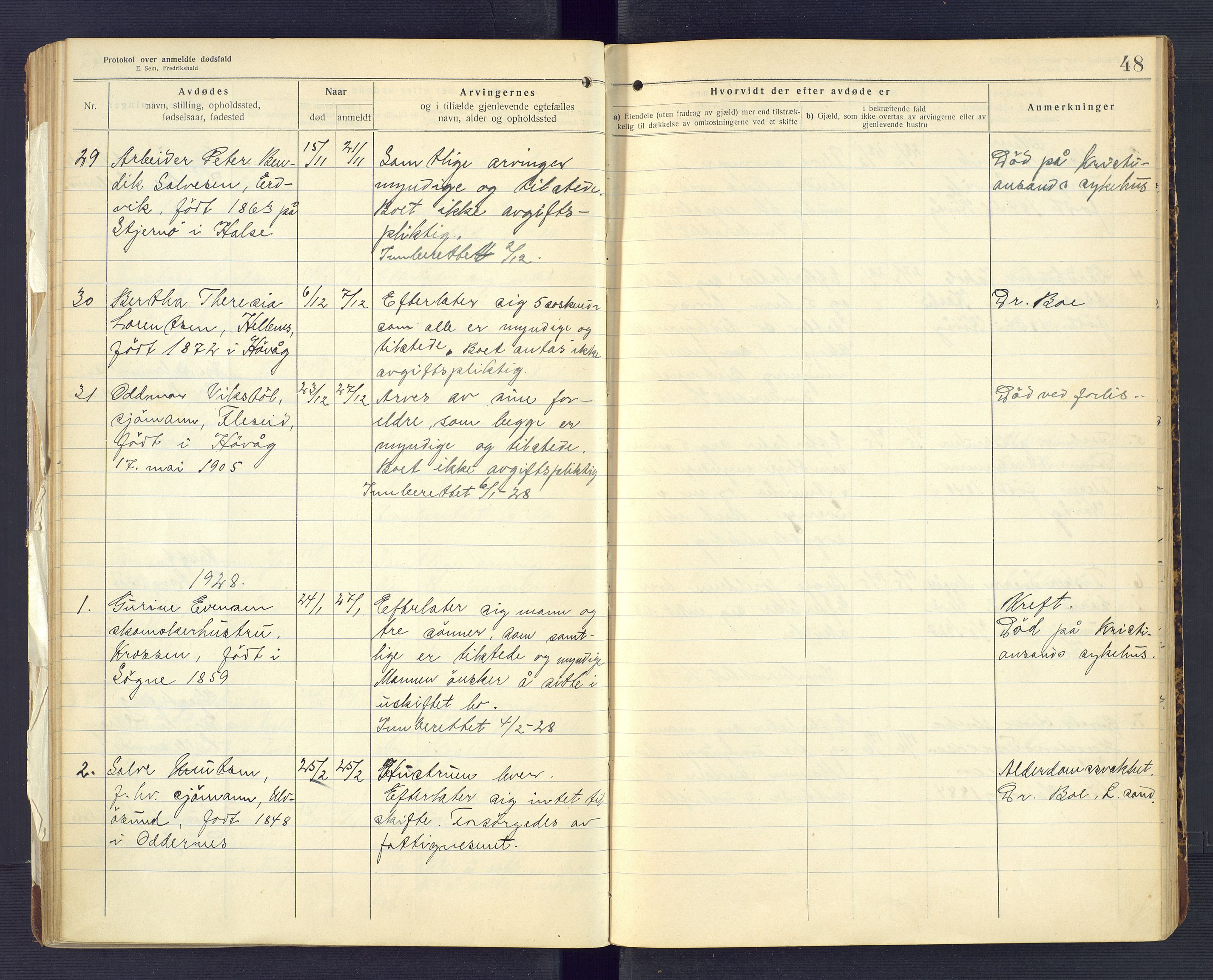 Høvåg lensmannskontor, AV/SAK-1241-0024/F/Fe/L0041: Protokoll over anmeldte dødsfall, 1916-1933, p. 48