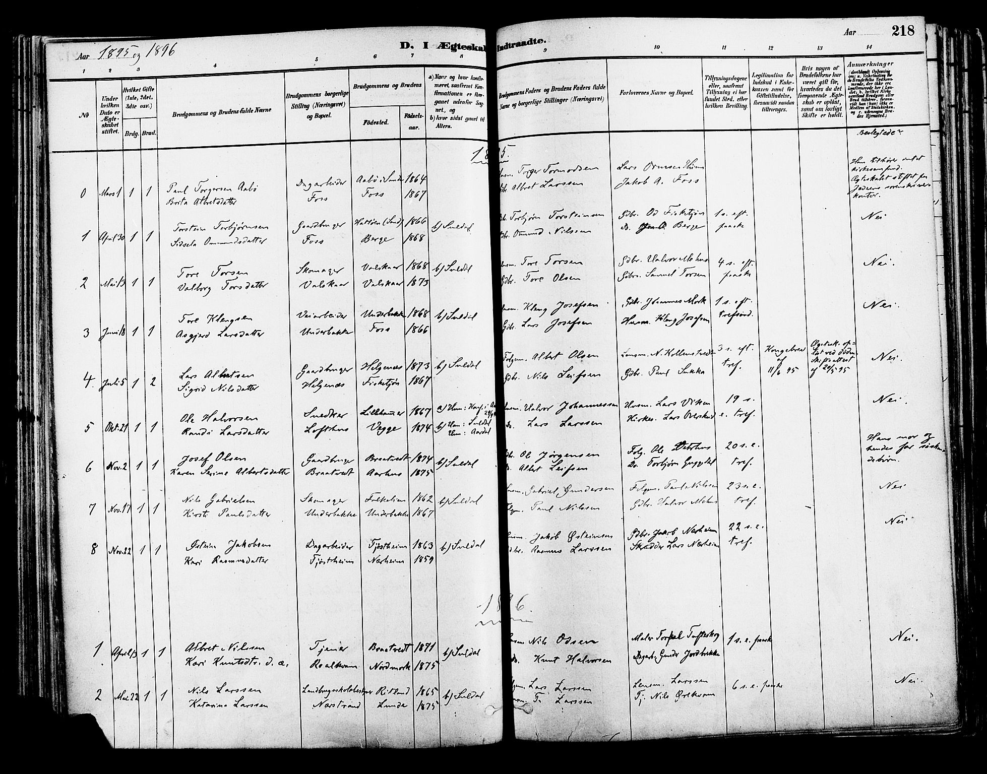 Suldal sokneprestkontor, AV/SAST-A-101845/01/IV/L0011: Parish register (official) no. A 11, 1878-1900, p. 218