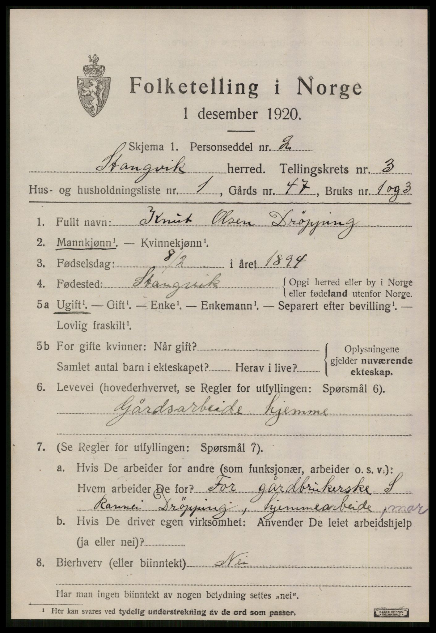 SAT, 1920 census for Stangvik, 1920, p. 1998