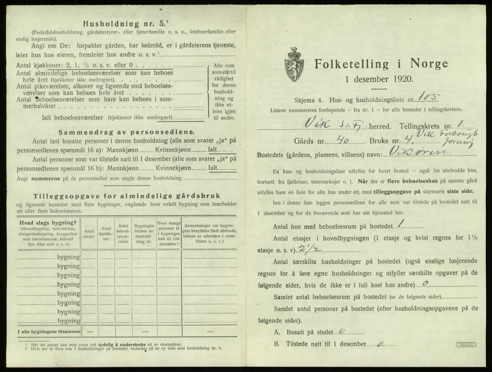 SAB, 1920 census for Vik, 1920, p. 267