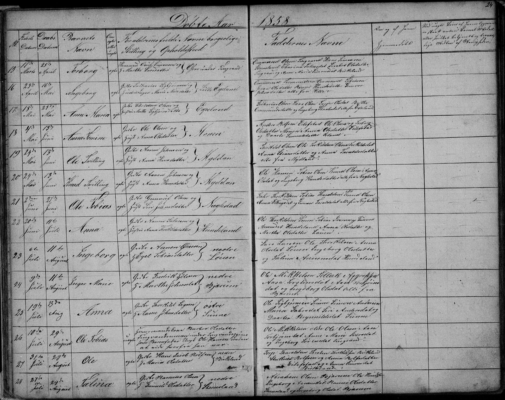 Hægebostad sokneprestkontor, SAK/1111-0024/F/Fb/Fba/L0002: Parish register (copy) no. B 2, 1851-1882, p. 24