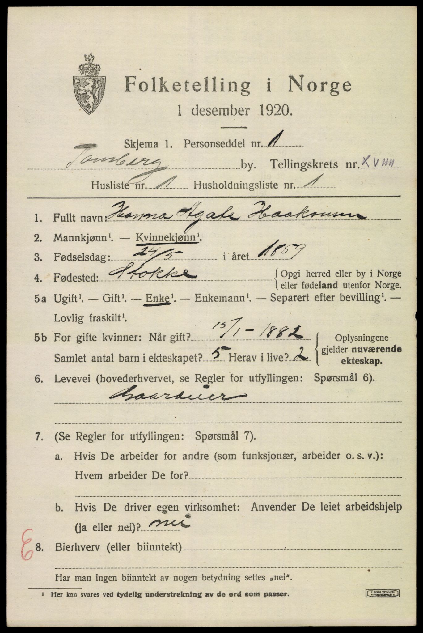 SAKO, 1920 census for Tønsberg, 1920, p. 28013