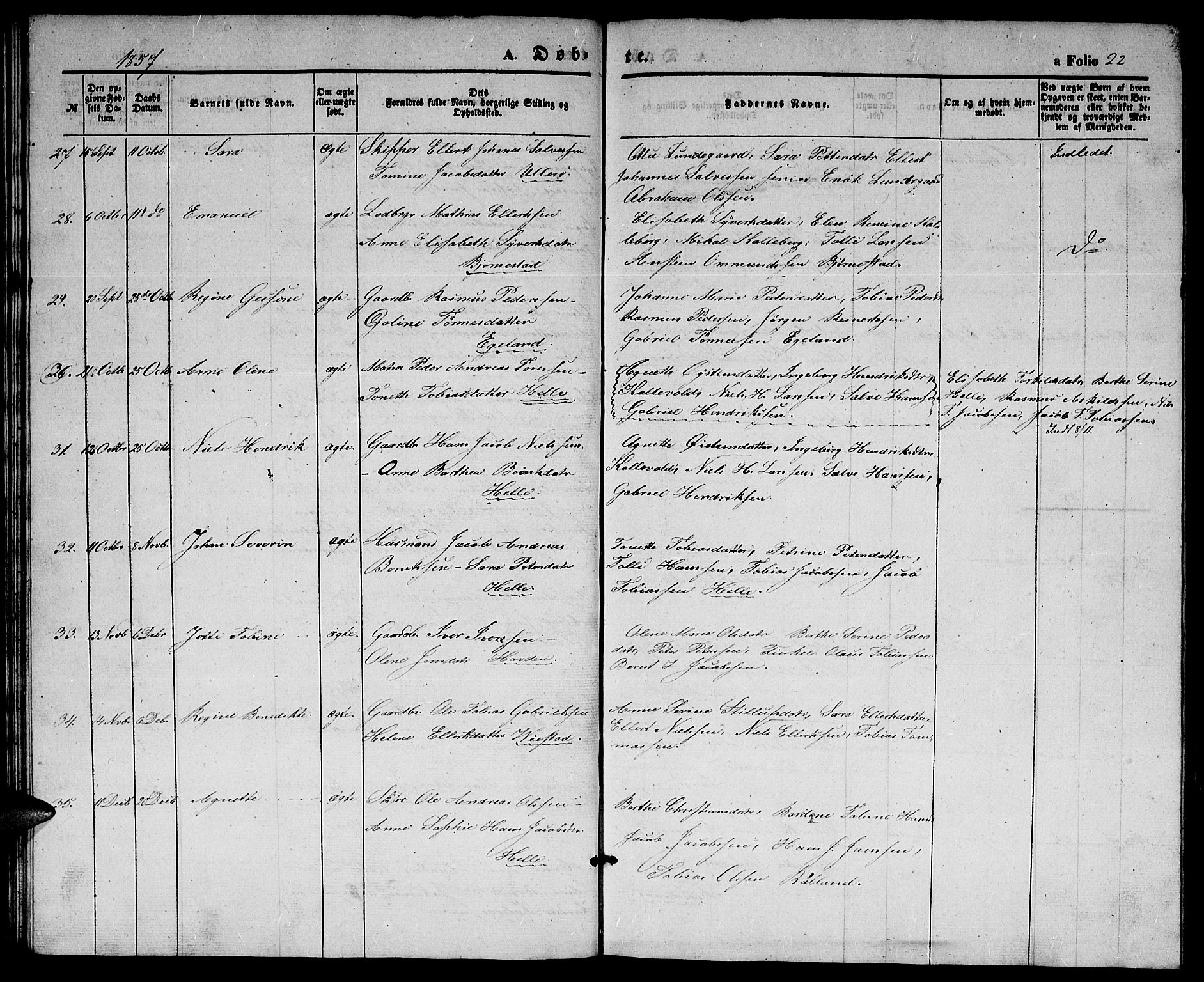Herad sokneprestkontor, SAK/1111-0018/F/Fb/Fbb/L0002: Parish register (copy) no. B 2, 1853-1871, p. 22